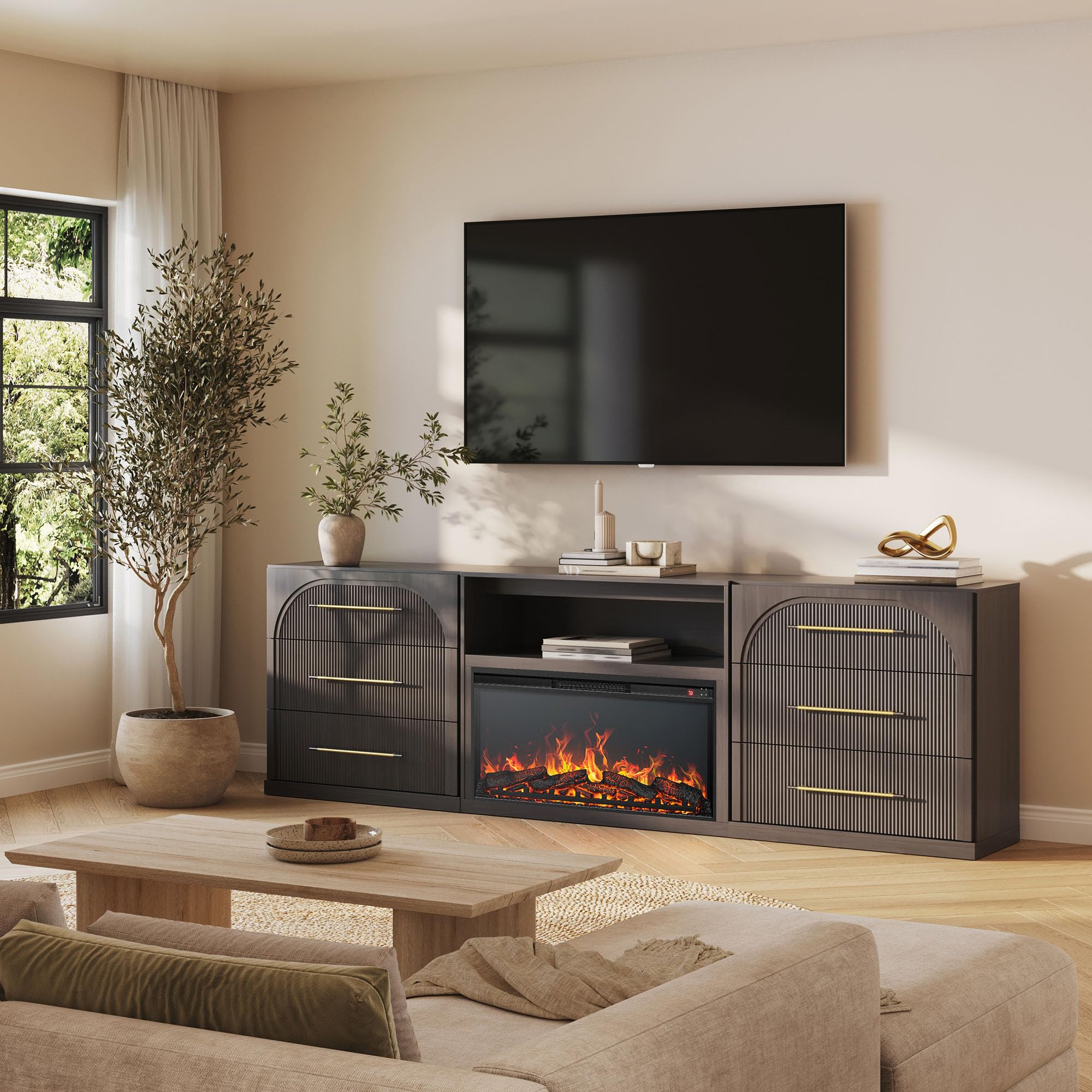 BELLEZE Jagger 105" TV Stand with 36" Electric Fireplace - Ebony