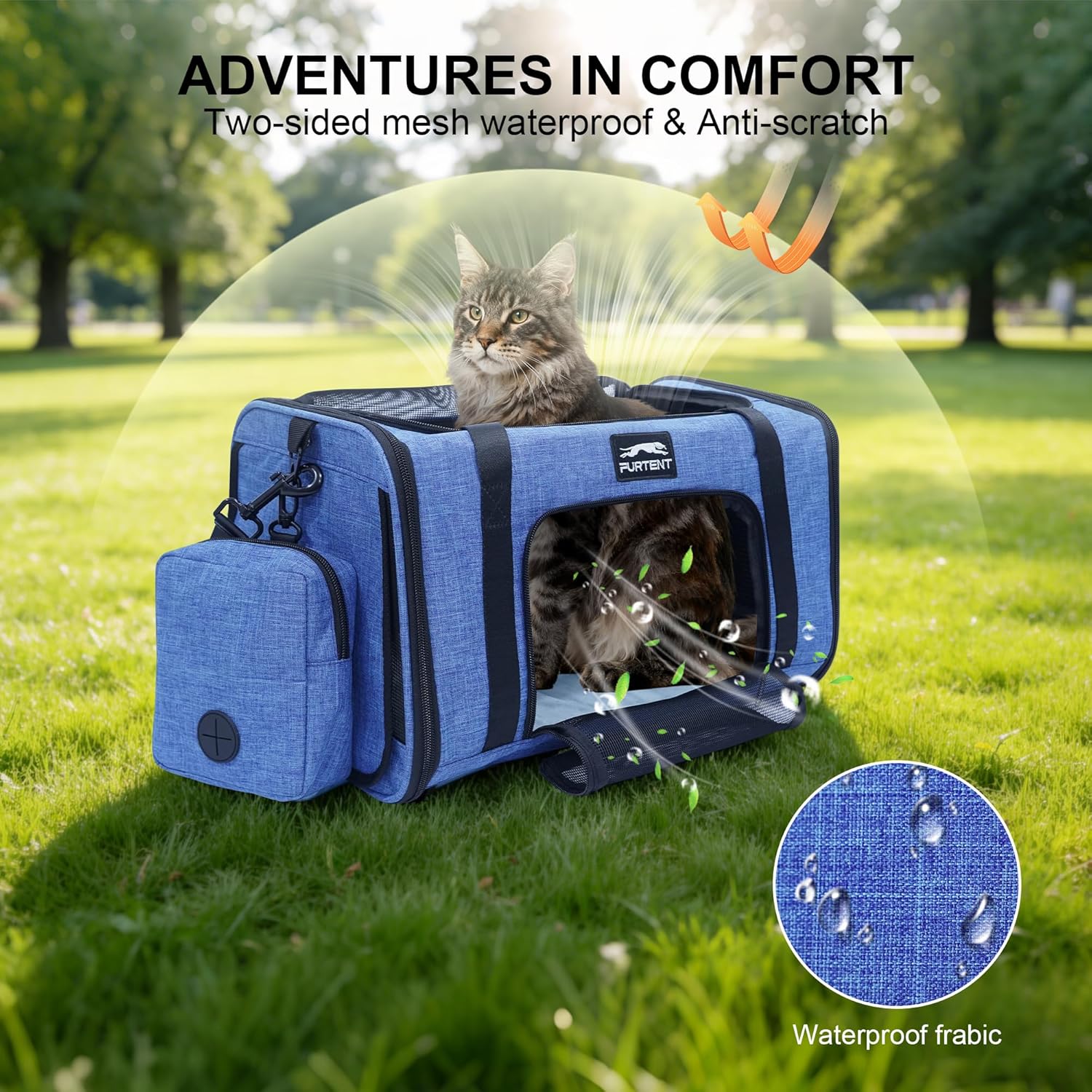 Soft Sided Cat Carrier Airline Approved up to 15lbs, 17x11x9.5 Inch Ventilated Pet Travel Bag with Foldable Litter Box & Storage, Portable Cat Transport Carrier for Flights Car Vet Blue