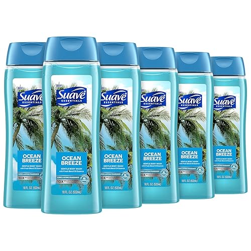 Suave Gel de baño hidratante, con aroma Ocean Breeze y extracto de vitamina E, sin parabenos, sin ftalatos, 18 onzas, paquete de 6