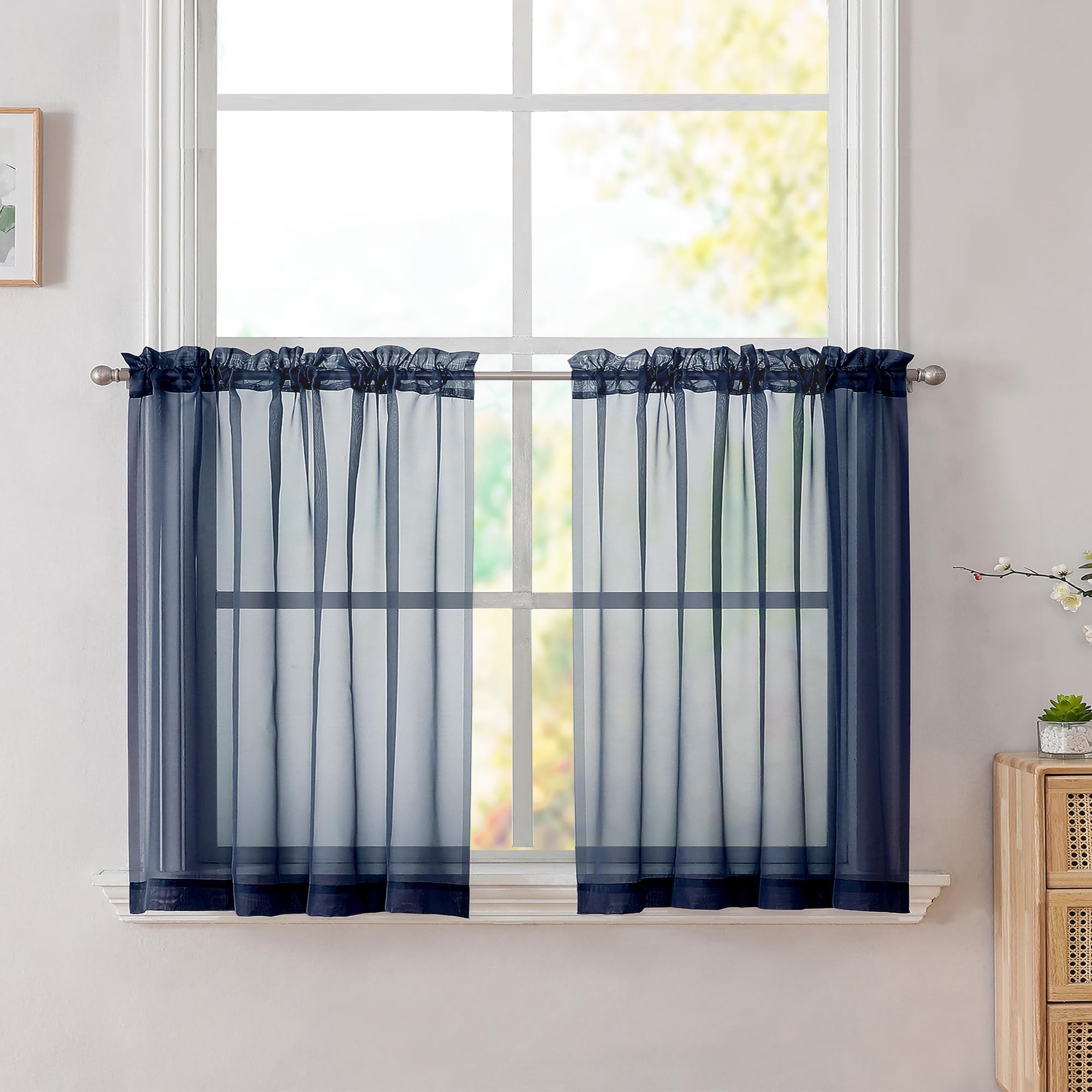 Simplebrand Navy Blue Short Sheer Tier Curtains 24 Inch Length 2 Panels