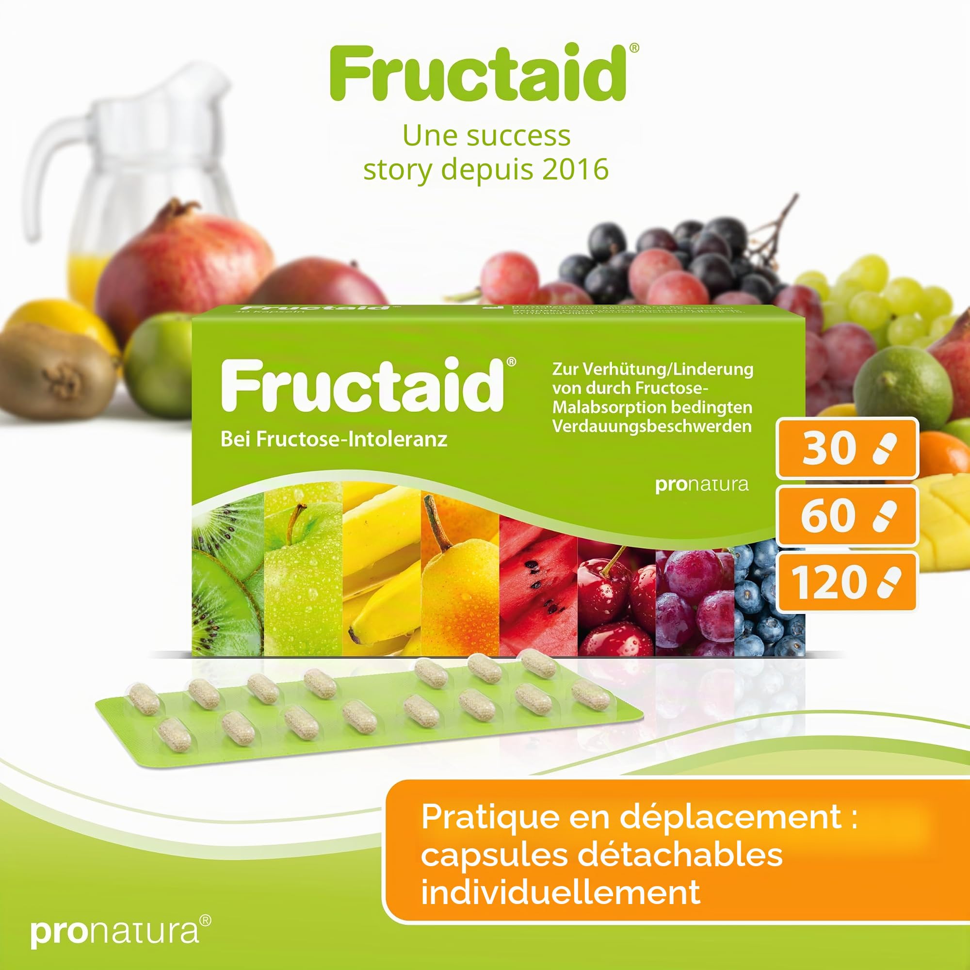 pro natura Fructaid - 120 gélules pour l'intolérance au fructose - Supplément pour la prévention et le soulagement des troubles digestifs liés à la malabsorption du fructose