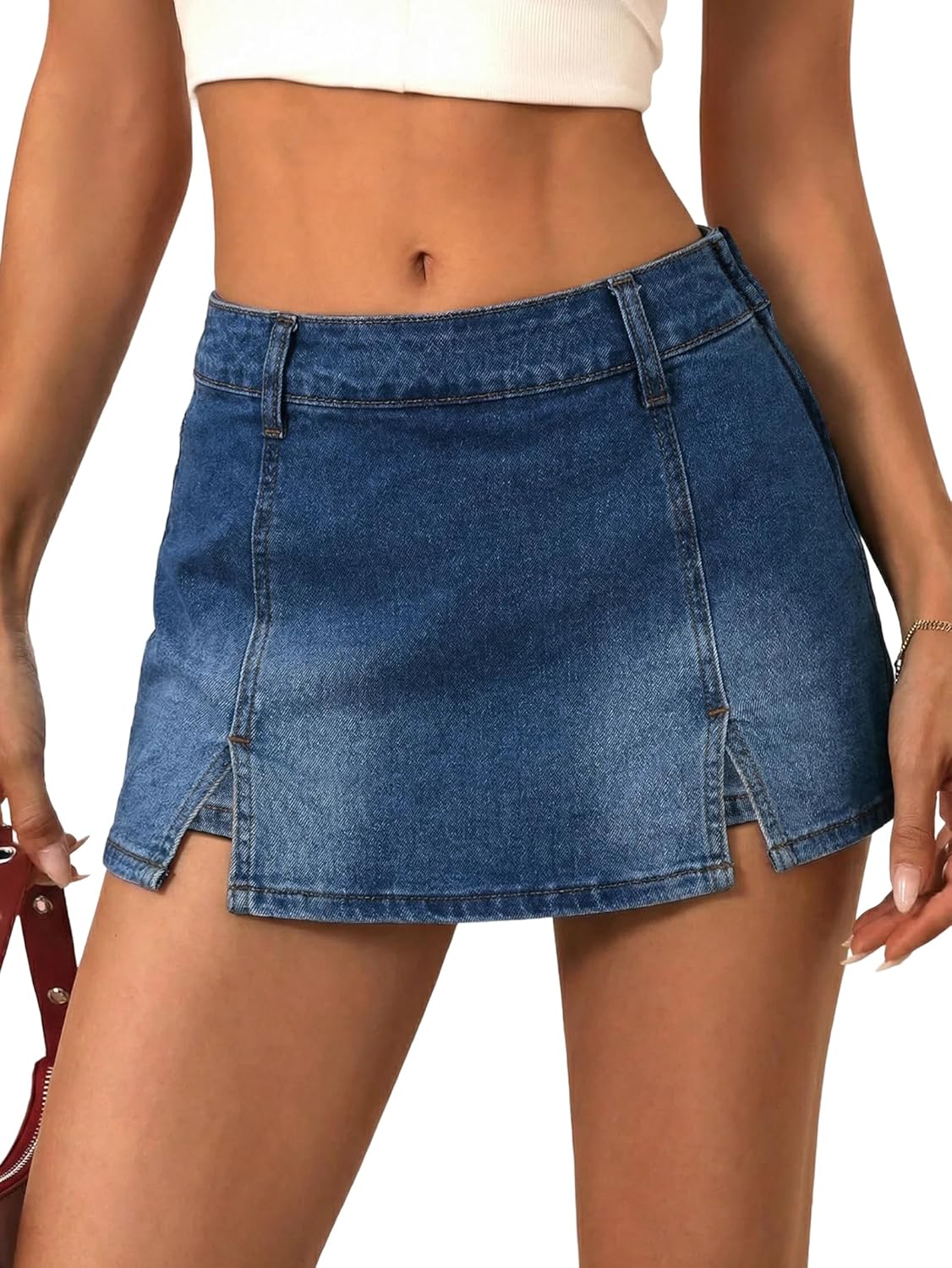 EMMMIOL Denim Mini Skirt for Women - Mid-Low Waisted Stretch Side Zipper Skort Y2k Casual Jean Skirts with Shorts Underneath