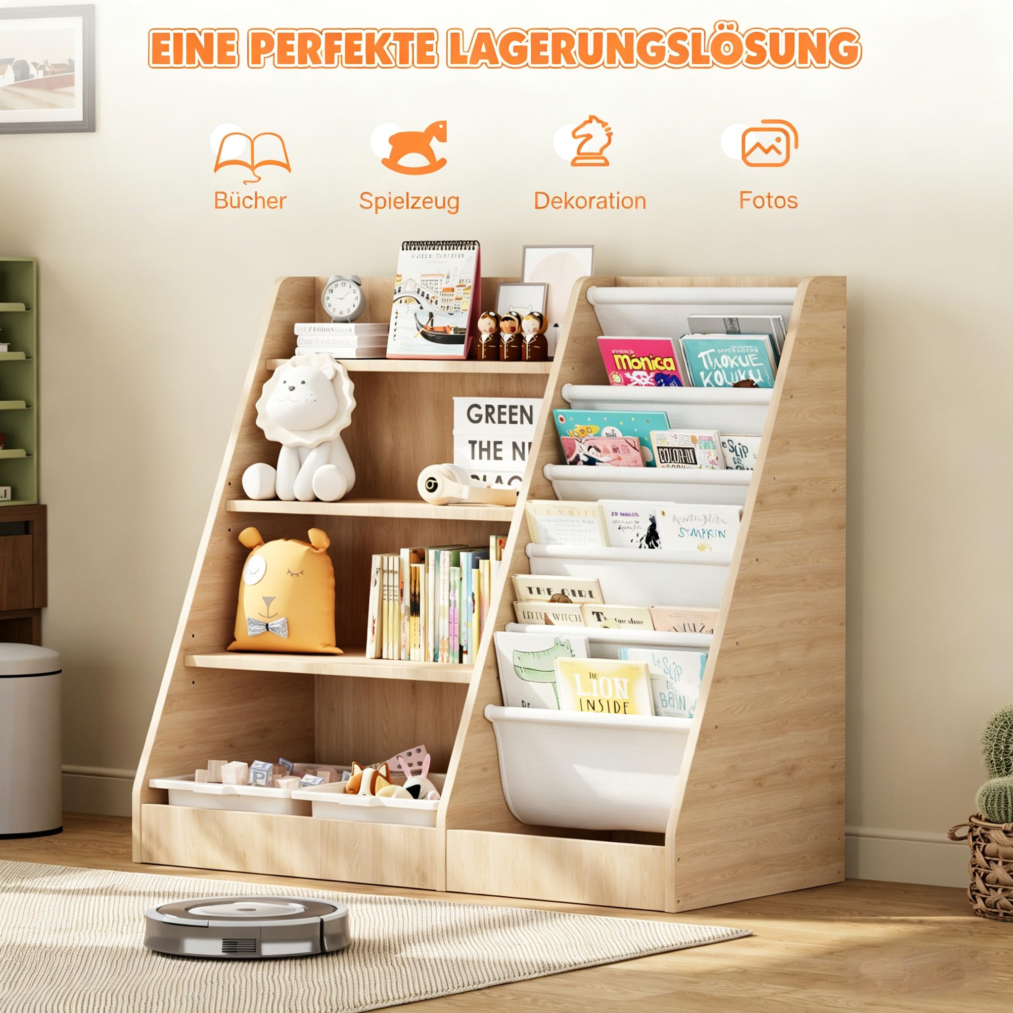 KEEPREAPER Kinderregal Bücherregal für Kinder 90x40x80cm, mit 5 Ablage und 4 offenen Fächern, Holz, Spielzeugregal, Spielzeug-Organizer für Kinderzimmer, Natur