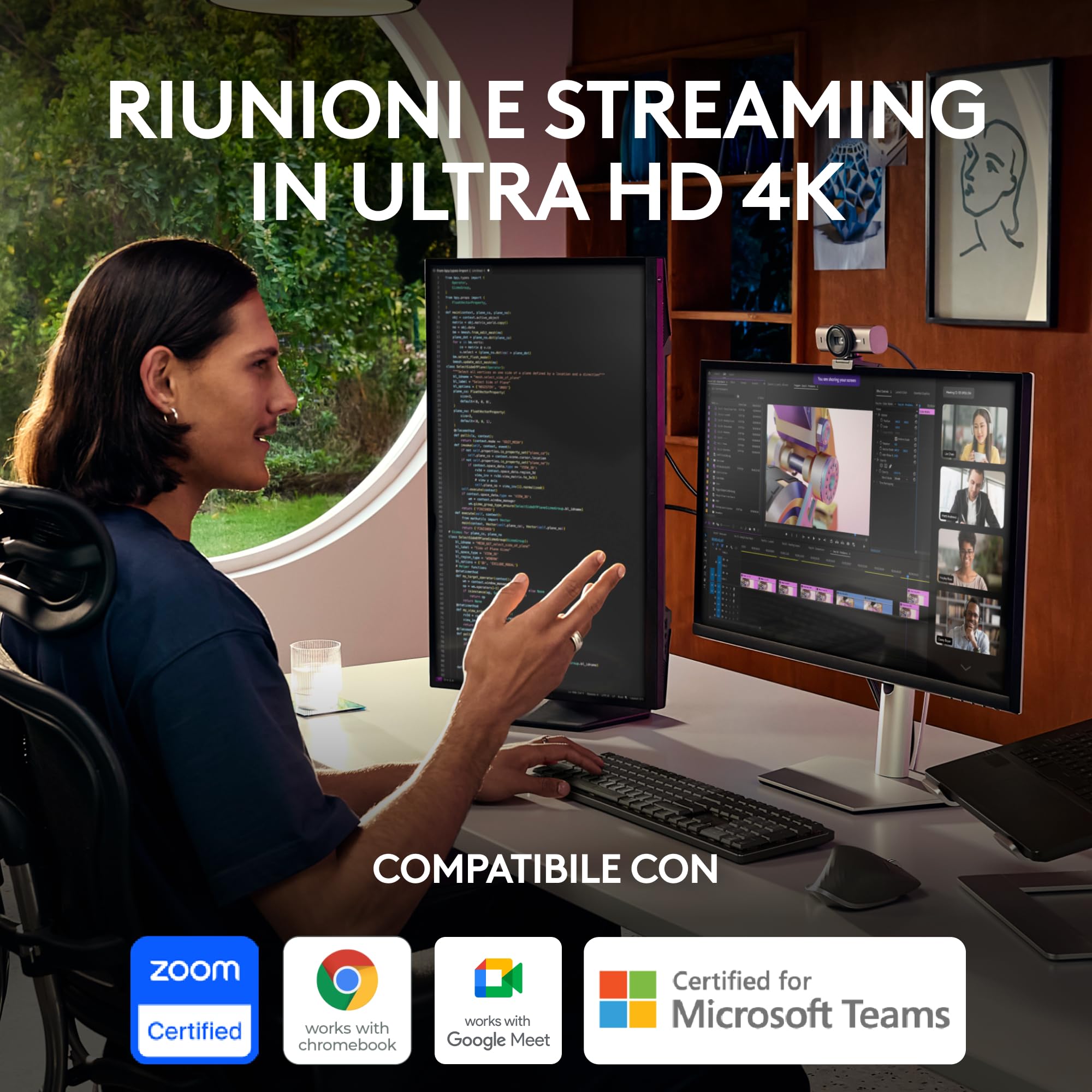 Logitech MX Brio per collaborazione e streaming Ultra HD 4K, 1080p a 60 FPS, due microfoni con riduzione del rumore, Show Mode, USB-C, copertura webcam, Microsoft Teams, Zoom, Google Meet, Grafite
