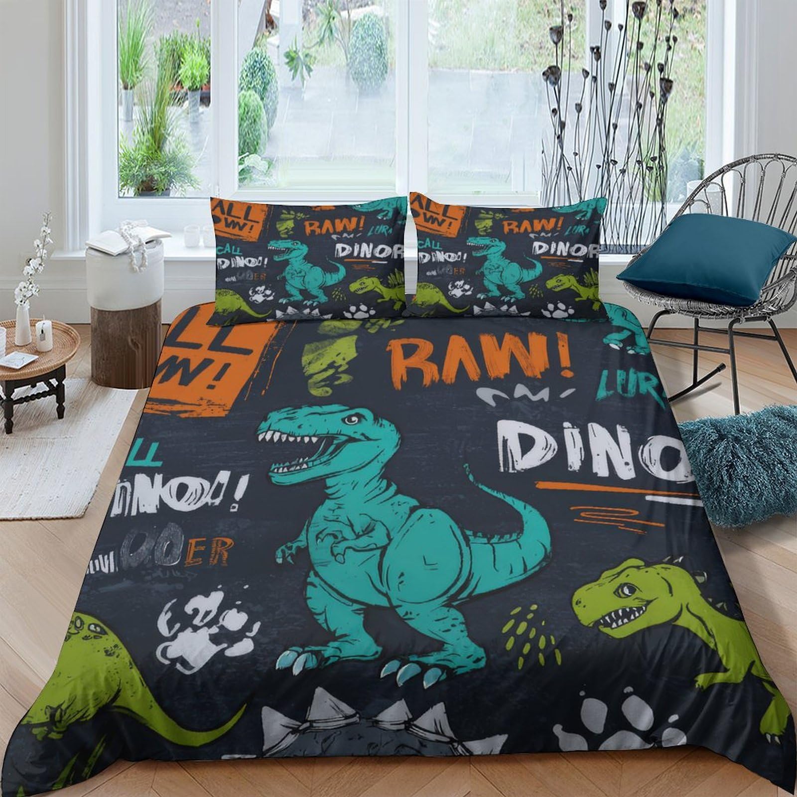Ctjqhvkz Style-1 3D Printed Cartoon Dinosaur Fitted Sheet Microfiber Green Black Bed Sheet For Kids Teens Bedroom Guest Room Decor Single（135X200cm）