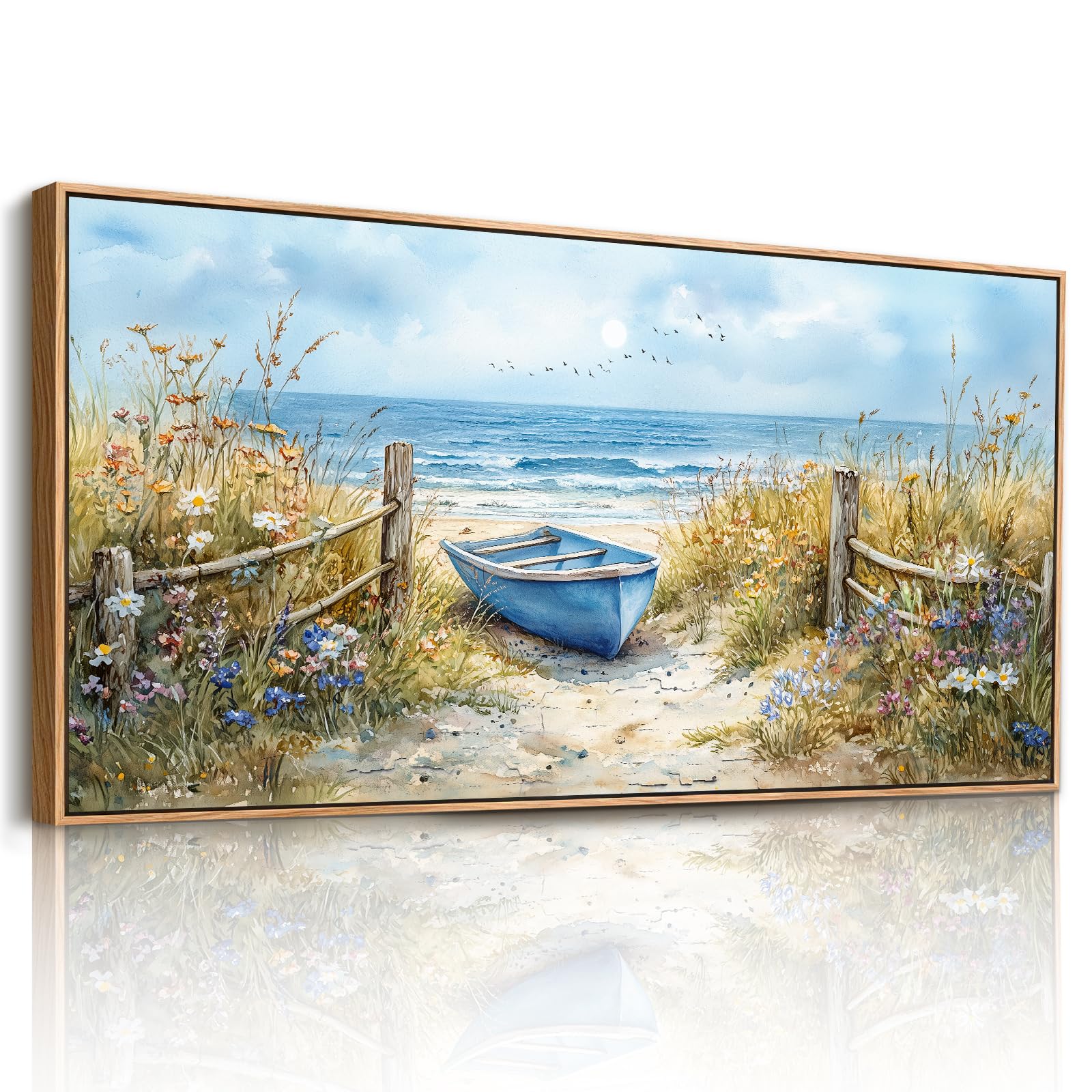JHHUAMO Strandboot Bilder mit Rahmen Schlafzimmer Wohnzimmer 73x146 cm | Küstenwildblumen Wandbild, Hochauflösender Druck, Exquisite Handwerkskunst, Einfaches Aufhängen, Vielseitig Einsetzbar