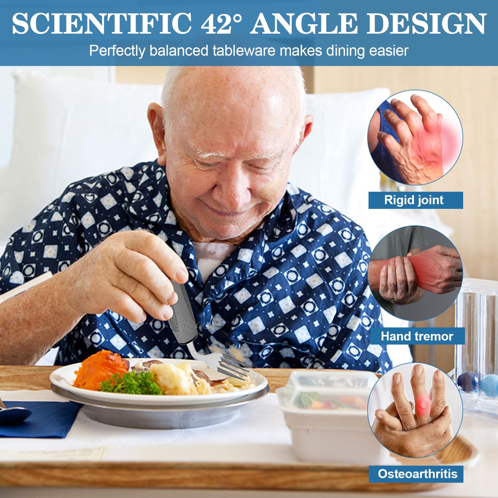 Set di 4 posate adattive, posate per persone disabili Parkinson, angolate 42°, posate pesate da 85 g, cucchiaio curvo con manico antiscivolo per tremori delle mani (destrorsi)