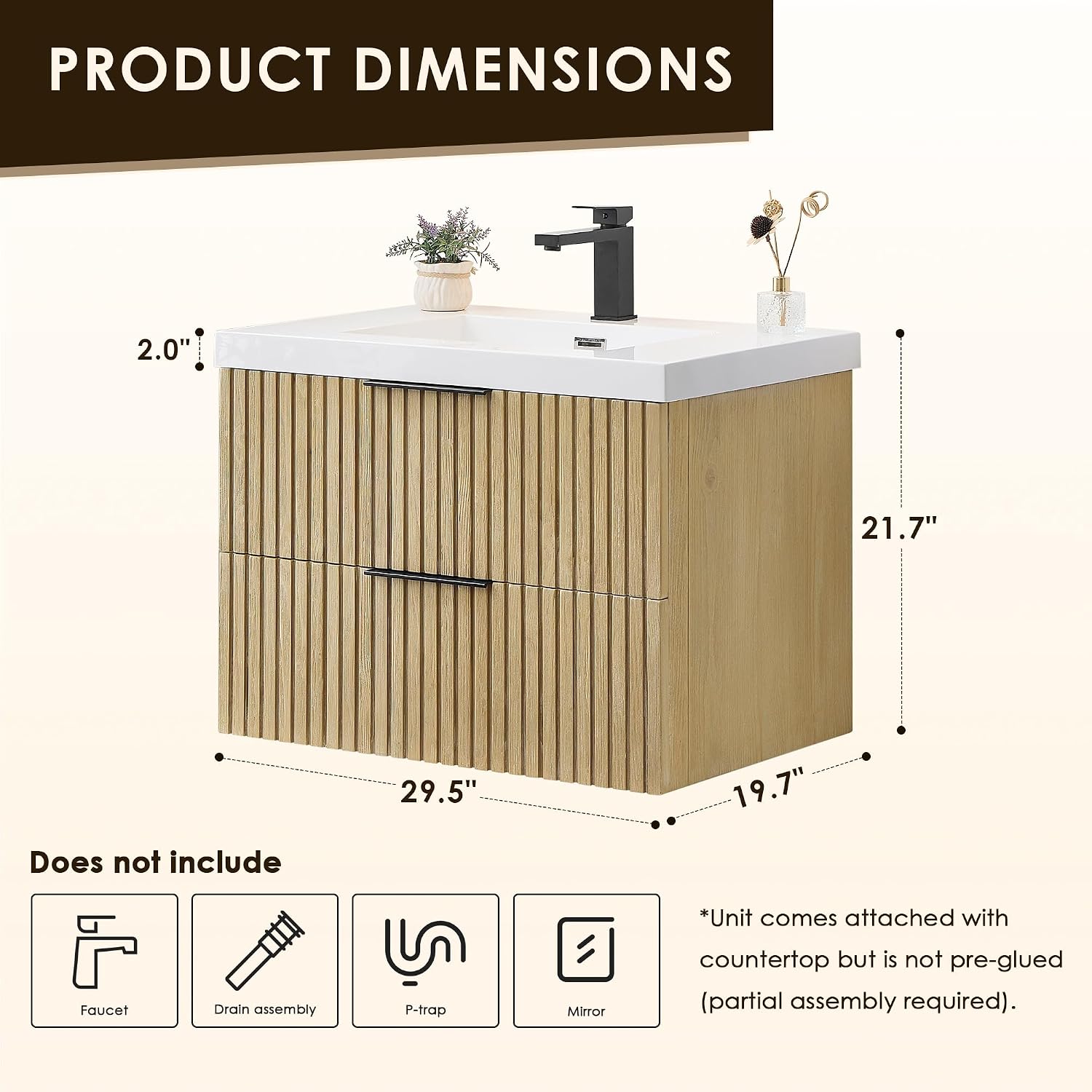 ALTAIR 30 Inch Floating Sink Bathroom Vanity Wall Mount Single Vanities Overflow Mordern Large Storge Cabinet with Ceramic Countertop Double Soft Closing Drawers Pre-Assembled