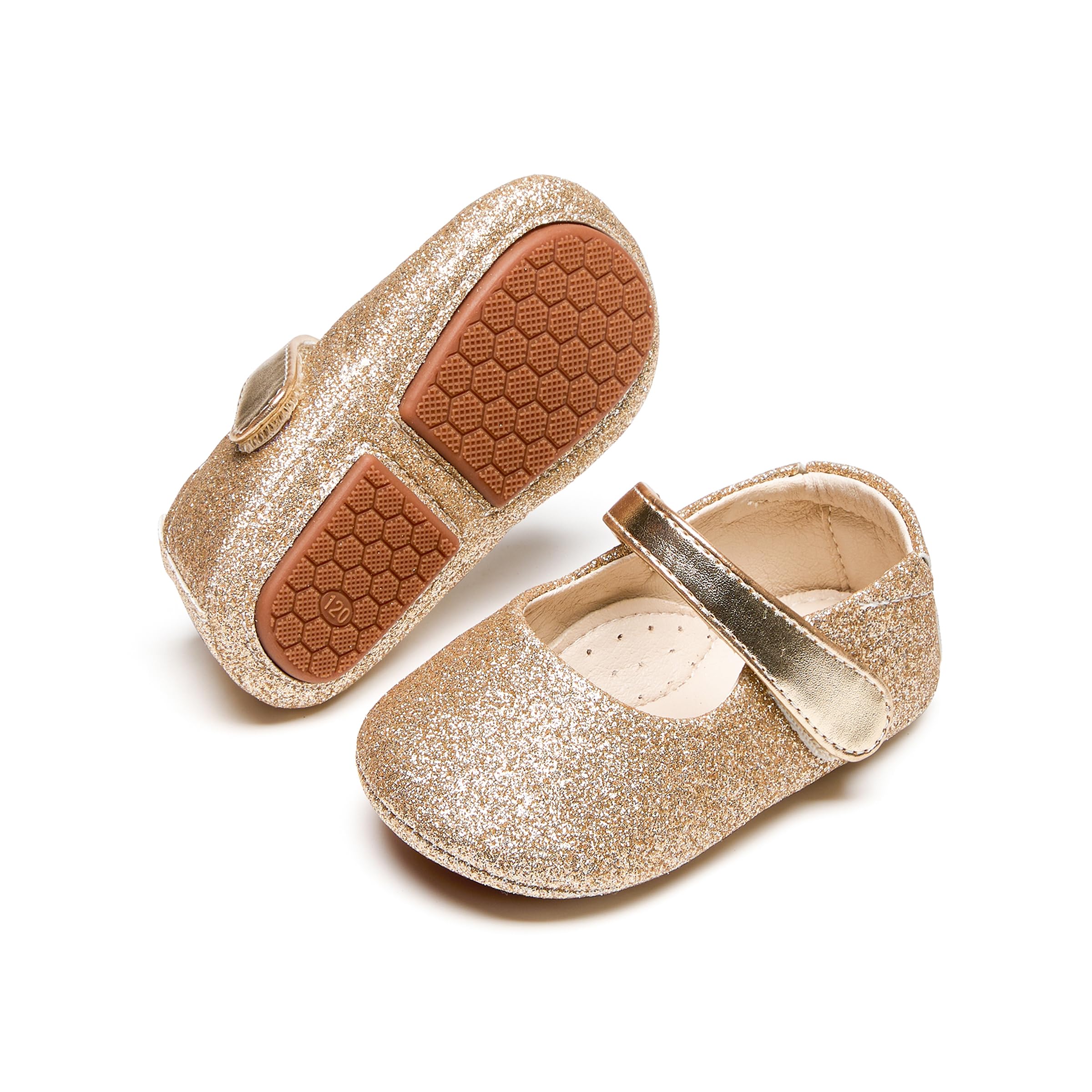 PHIRAMIN Baby Girls Mary Jane Flats - Infant Newborn Walking Shoes Soft Rubber Sole Princess Wedding