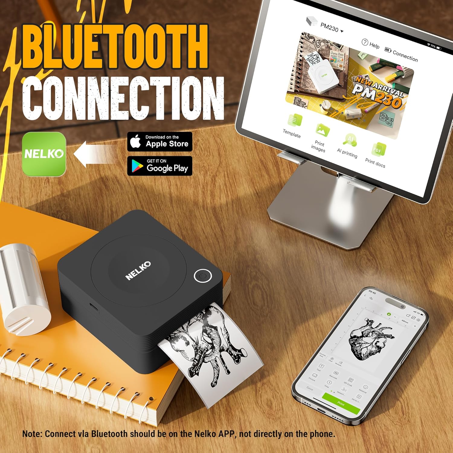 Nelko Sticker Printer, PM230 Mini Printer Bluetooth Portabel Sticker Maker with 1 Roll of Paper, Print Pods Mini Printer with Multiple Templates for Phone & Tablet, Black