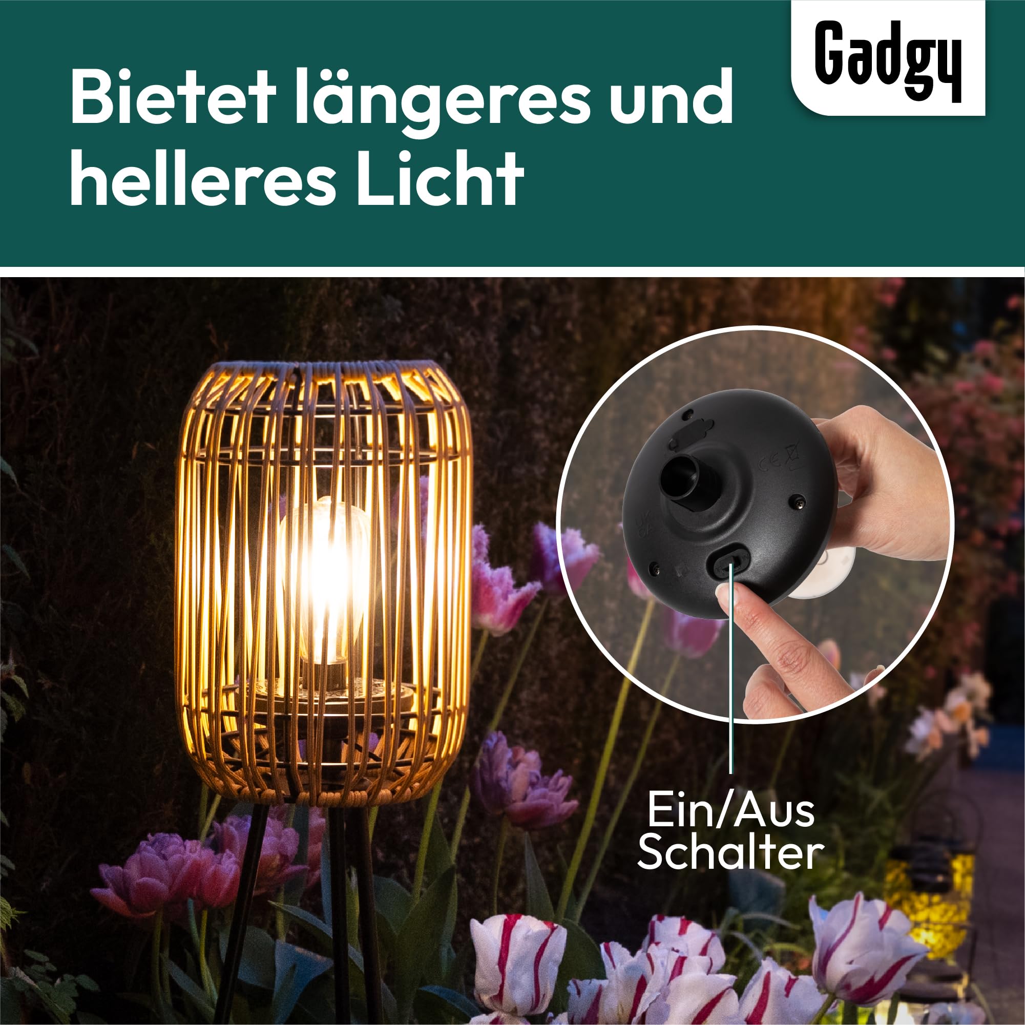 Lámpara de pie solar LED para exteriores Gadgy - Lámpara de pie para jardín resistente al agua - Lámpara de pie solar para balcón iluminación sostenible de rátan - Lámpara de pie de tres patas