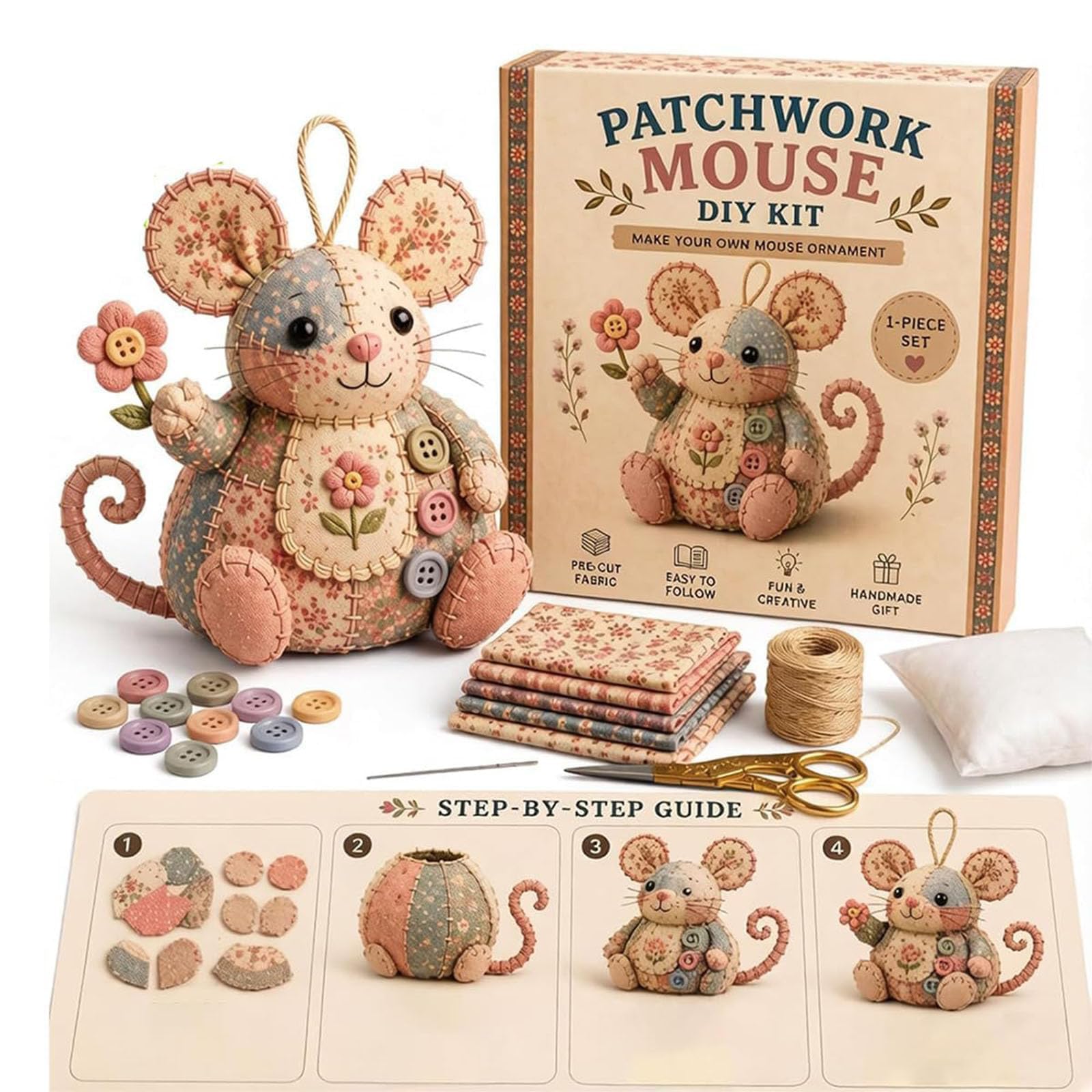 Felt Patchwork Mouse DIY Sewing Kit, DIY Patchworks Animal Sewing Kit with Pattern & Guide Instruction, Cute 3D Animal Sewing Project, Relaxing Creative Gift for Beginners (A Colour)