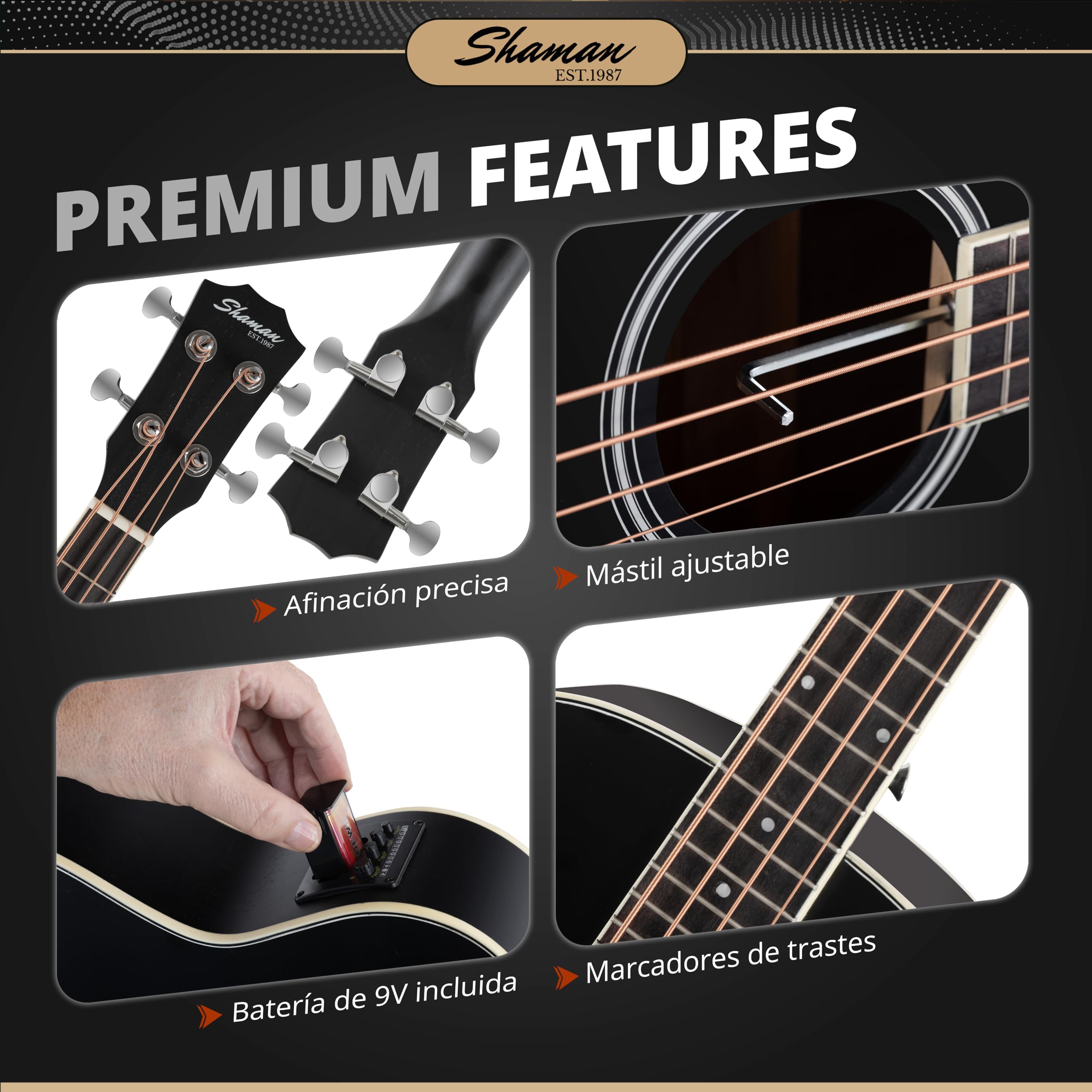 Shaman ABM4-50E-BK Bajo Acústico Negro, General, Modelo: ABM4-50E-BK | Serie: AB Mini, Peso: 1, 74 kg, Número de cuerdas: 4, Orientación: Diestros, Cuerpo, Forma del cuerpo: AB Mini, Tapa: Abeto