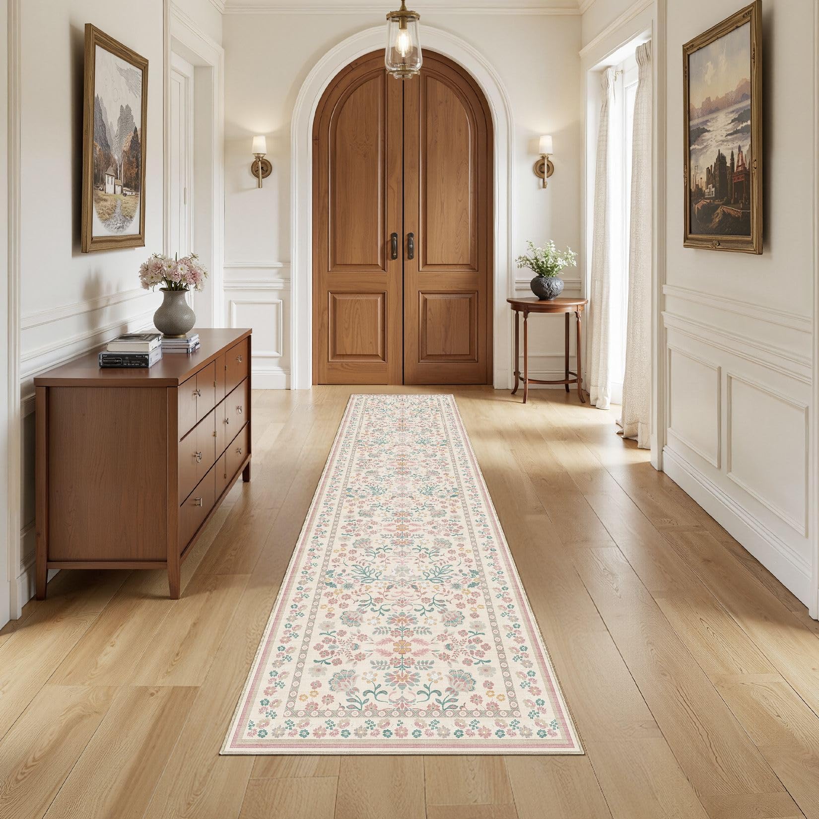 Runner Rug for Hallways Kitchen: 2x8 Washable Area Rug Boho Floral Soft Long Rug - Non-Slip Low Pile Throw Indoor Carpet for Entryway Kitchen Bedroom Laundry Bathroom - Pink