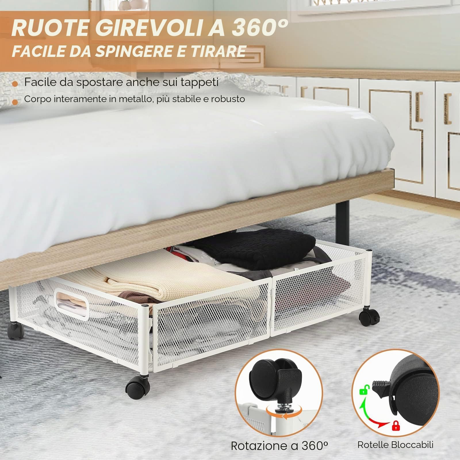 Contenitore sotto il letto, con ruote, montaggio senza attrezzi, in metallo, per camera da letto, bianco (2 pezzi, bianco)