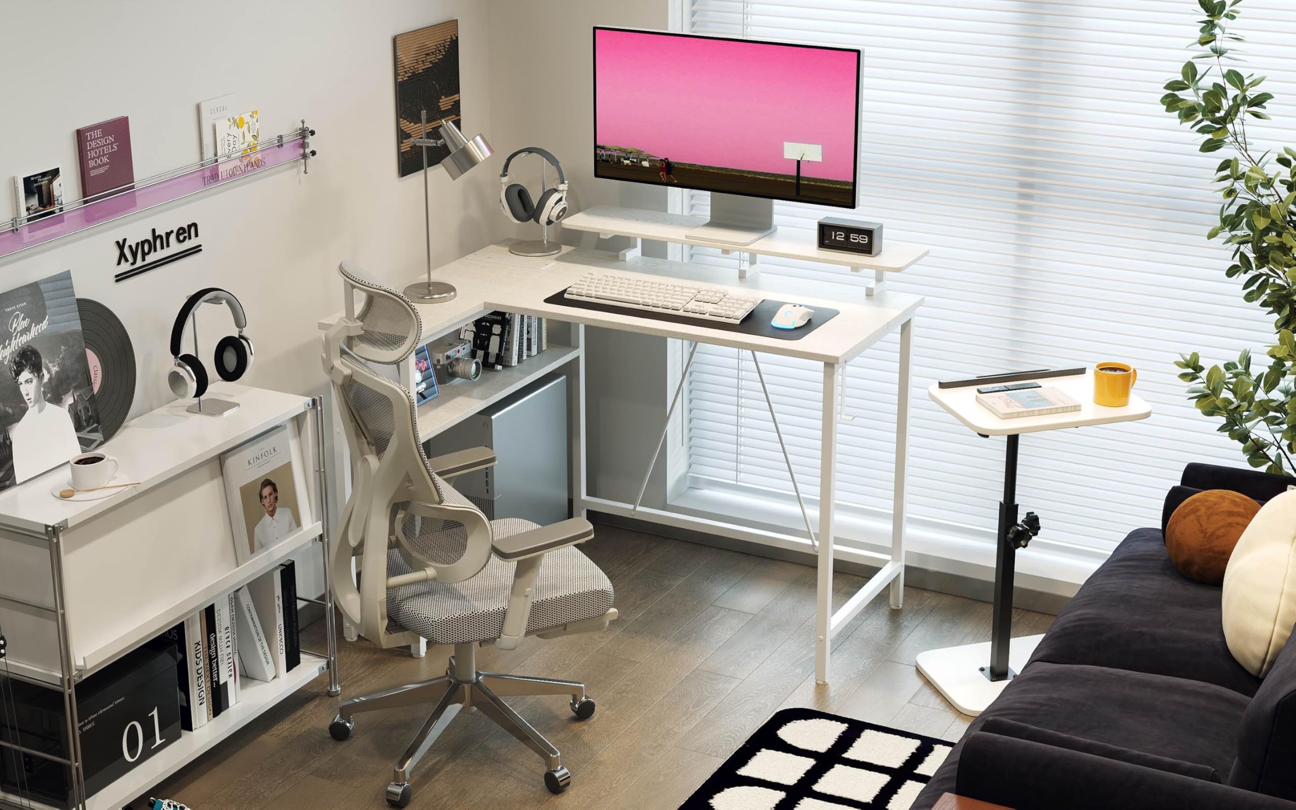 Mesa Gaming en Forma de L con Luces LED RGB y Tomas de Corriente, Pequeño Escritorio de Ordenador de 100 x 80 cm con Estantes Regulables, Blanca