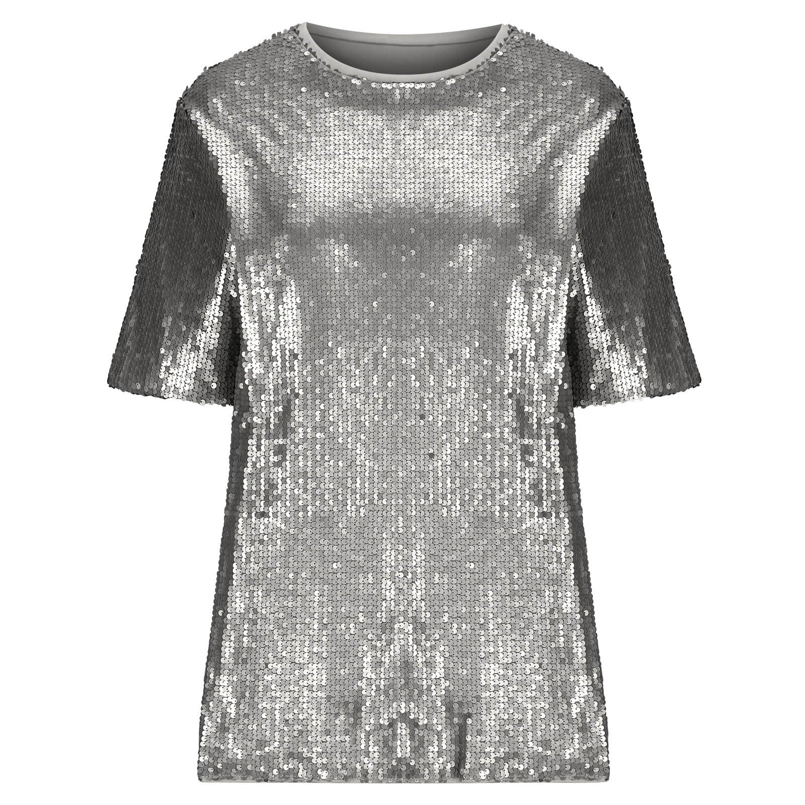 Camisetas Manga Corta Mujer,Camiseta Mujer de Cuello Redondo Moderna Manga Larga Top Cocktail Curvy Top de Lentejuelas para Mujer Blusas de Mujer Elegantes Parte Superior de Fiesta