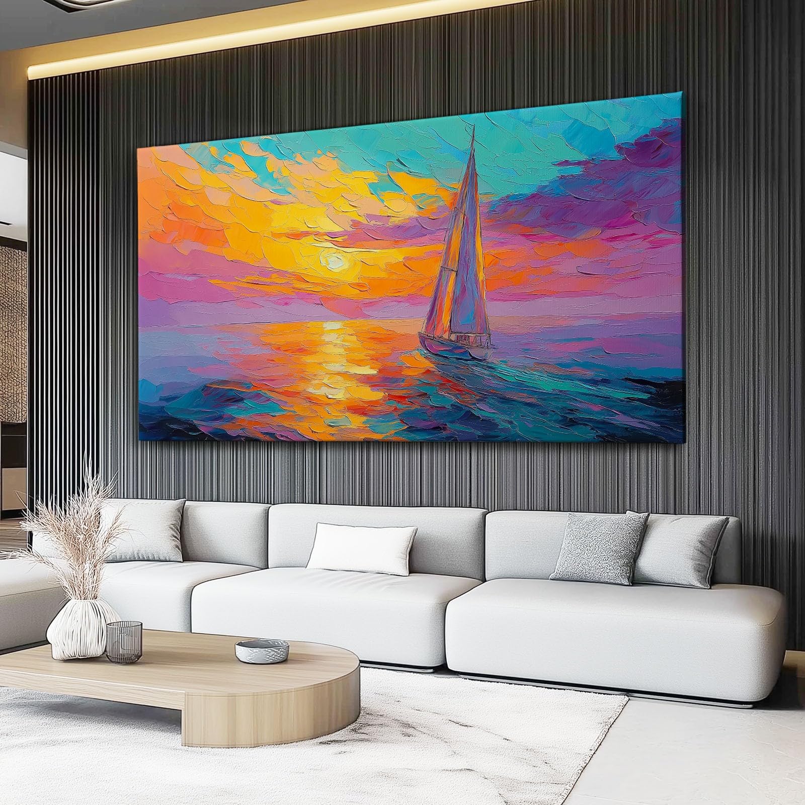 Bilder Ölgemälde Sonnenuntergang Segelboot auf dem Meer 1 Teilig Leinwandbilder Bunt Bild auf Leinwand Vlies Wandbild Kunstdruck Wanddeko Wand Wohnzimmer Wanddekoration120L x 50B cm Ungerahmt