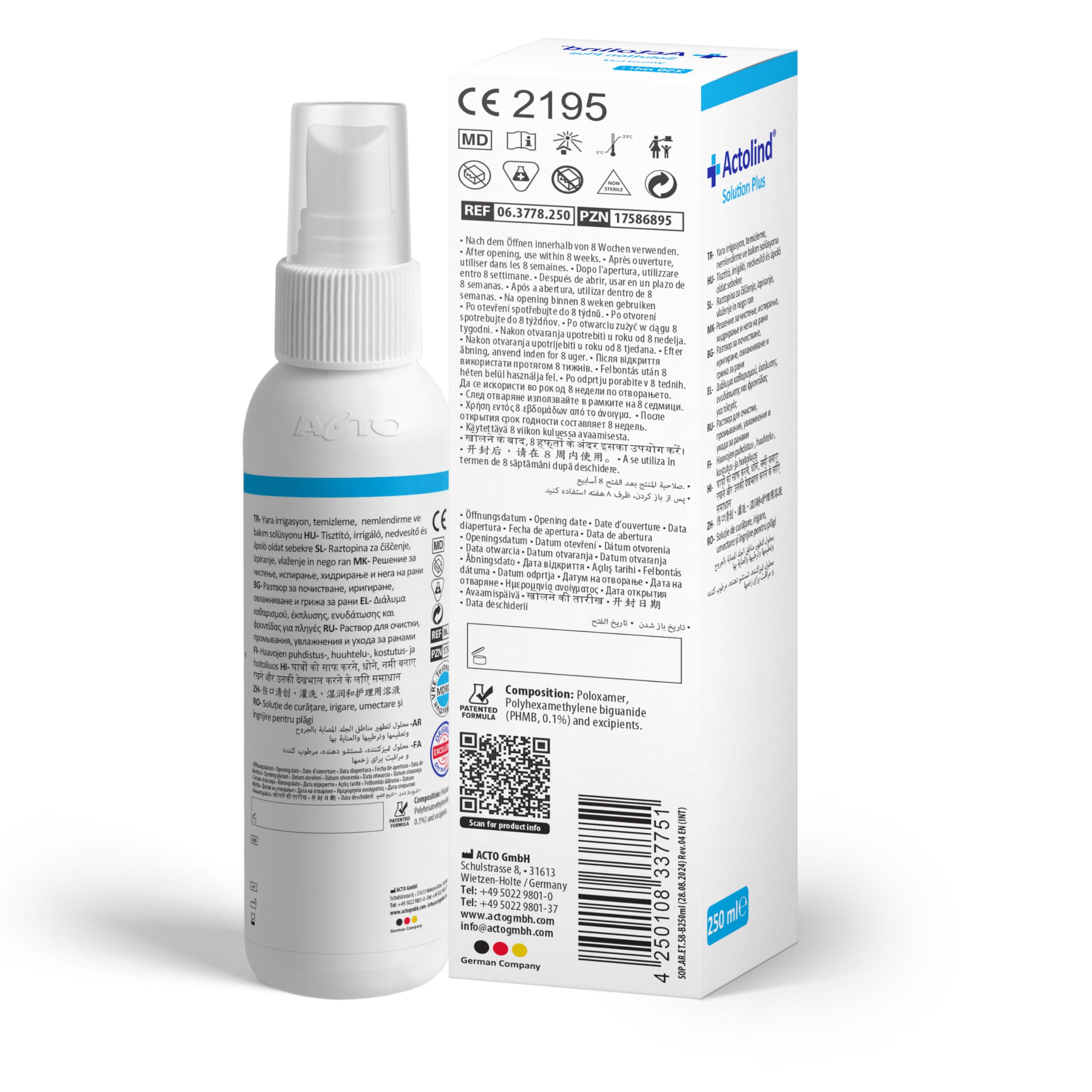 Actolind Solution Plus 250 ml – soluzione antisettica per irrigazione delle ferite. Pulizia e idratazione indolore di ferite acute, croniche, infette e ustioni. Classe CE III secondo MPG. Con PHMB.