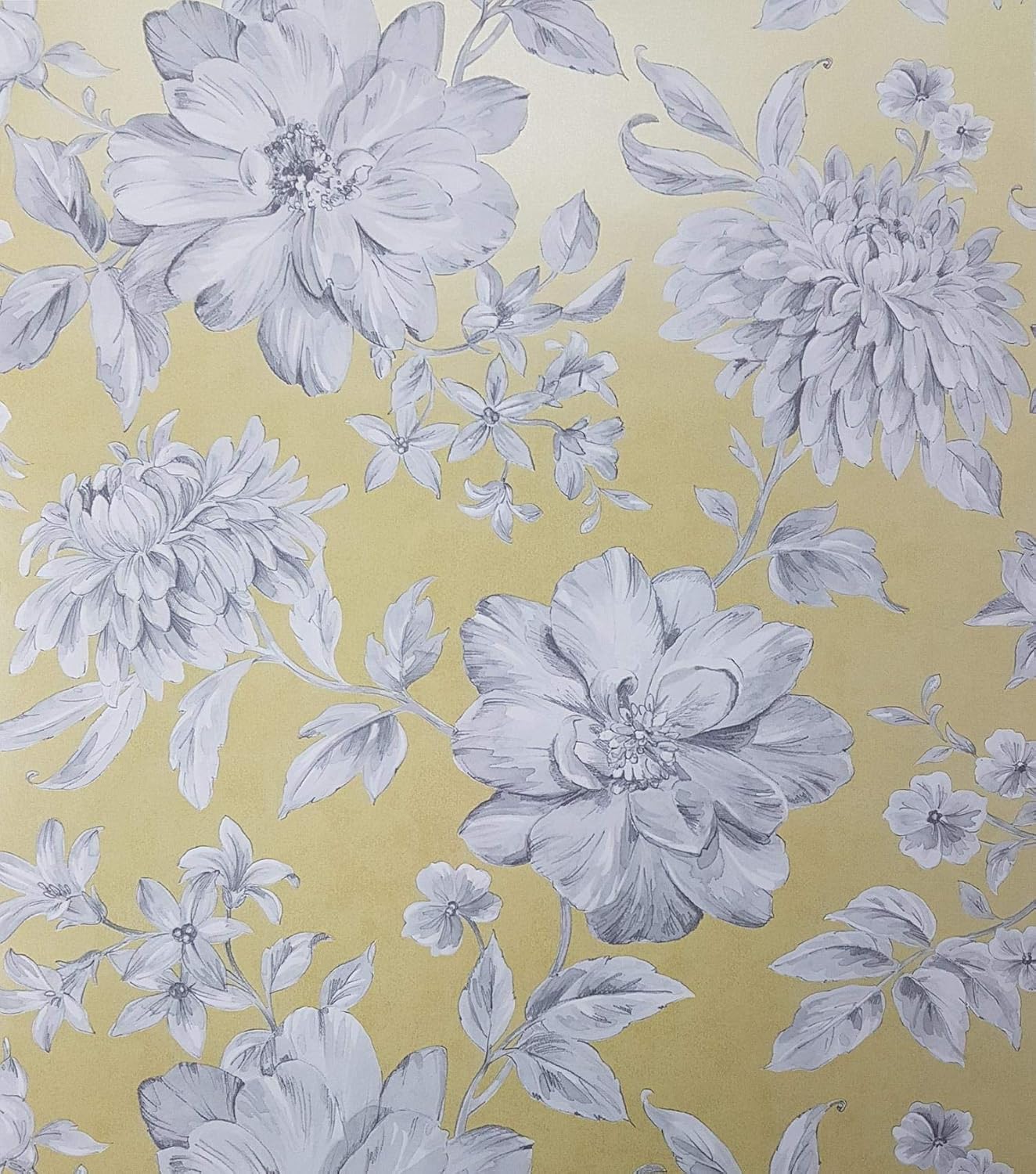 YöL Yellow Floral Wallpaper White Grey Flowers Pearlescent Metallic