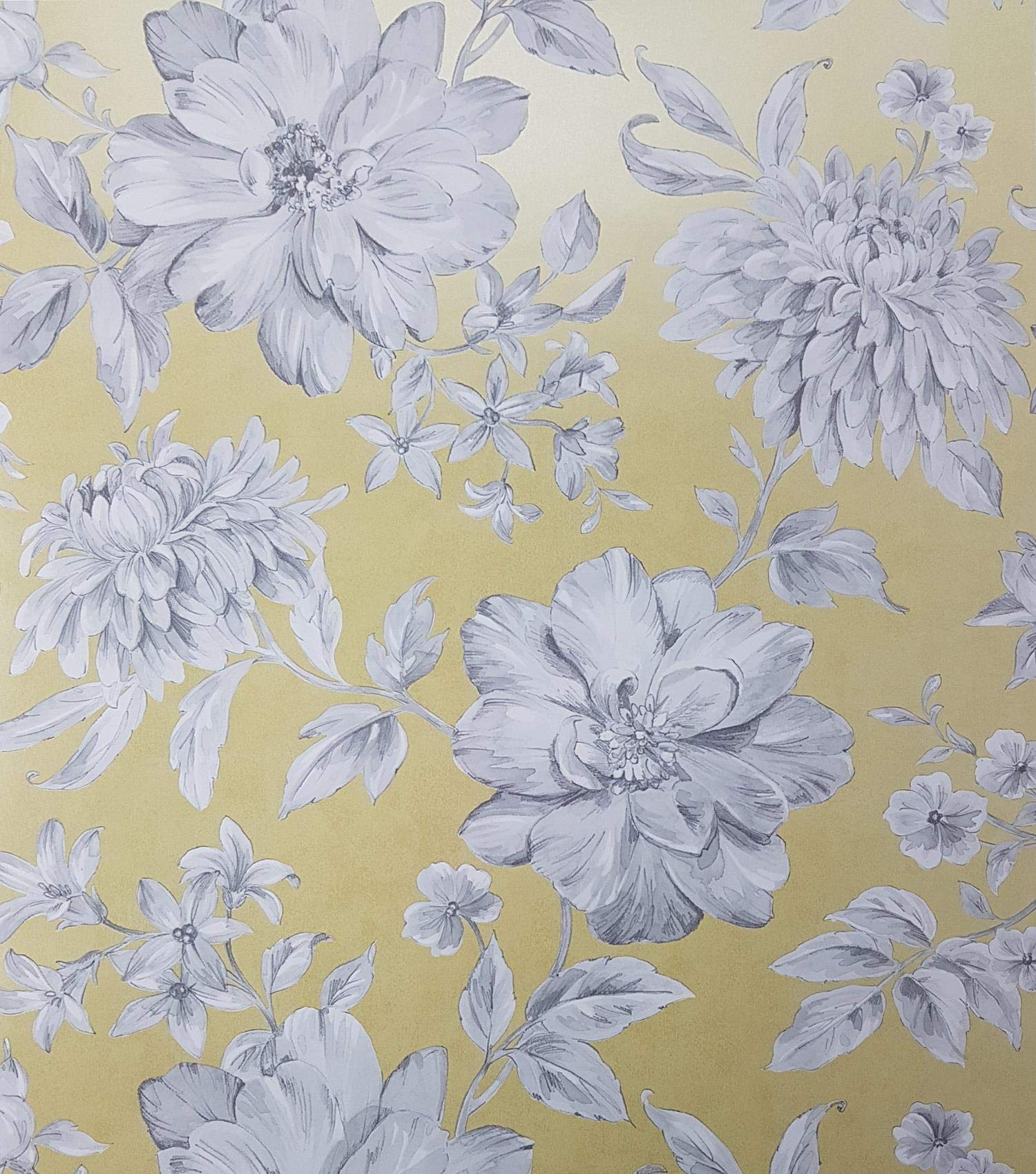 Yöl Yellow Floral Wallpaper White Grey Flowers Pearlescent Metallic Lucia