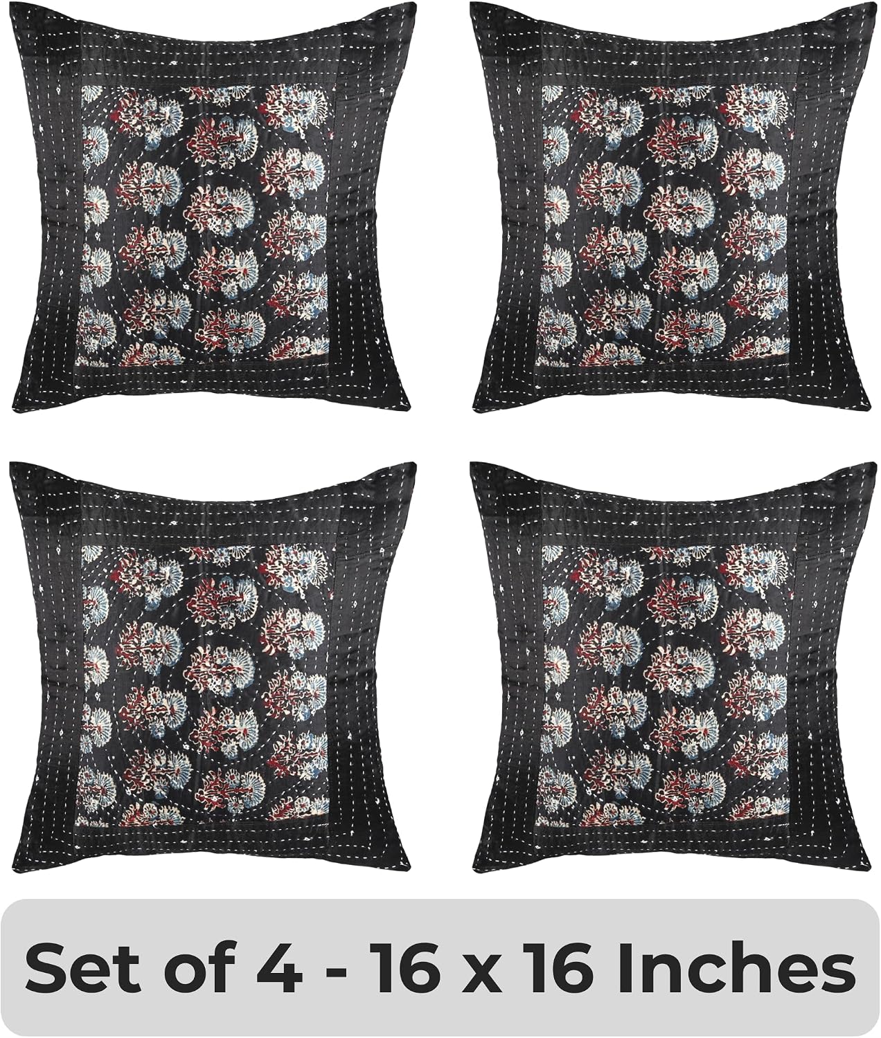 Boho Throw Pillow Covers, Set of 4 (16x16 Inches) - Decorative Pillows and Cushion Cover for Sofa, Bed, Couch & Living Room | Handmade Bohemian Indian & Moroccan Inspired Designer Ethnic Patchwork