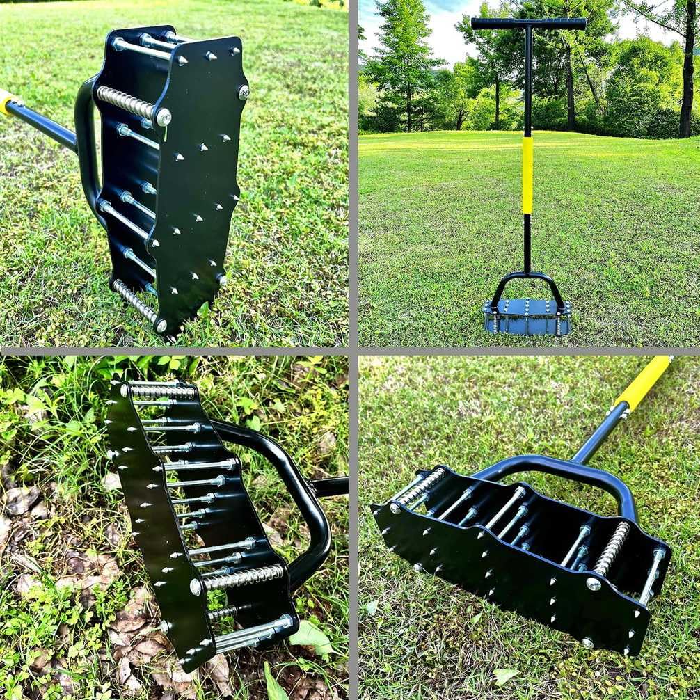 Aérateur de pelouse manuel - Outil de 100 cm avec 17 pointes en fer et 4 ressorts pour relancer les sols compacts dans les pelouses, les cours et les jardins