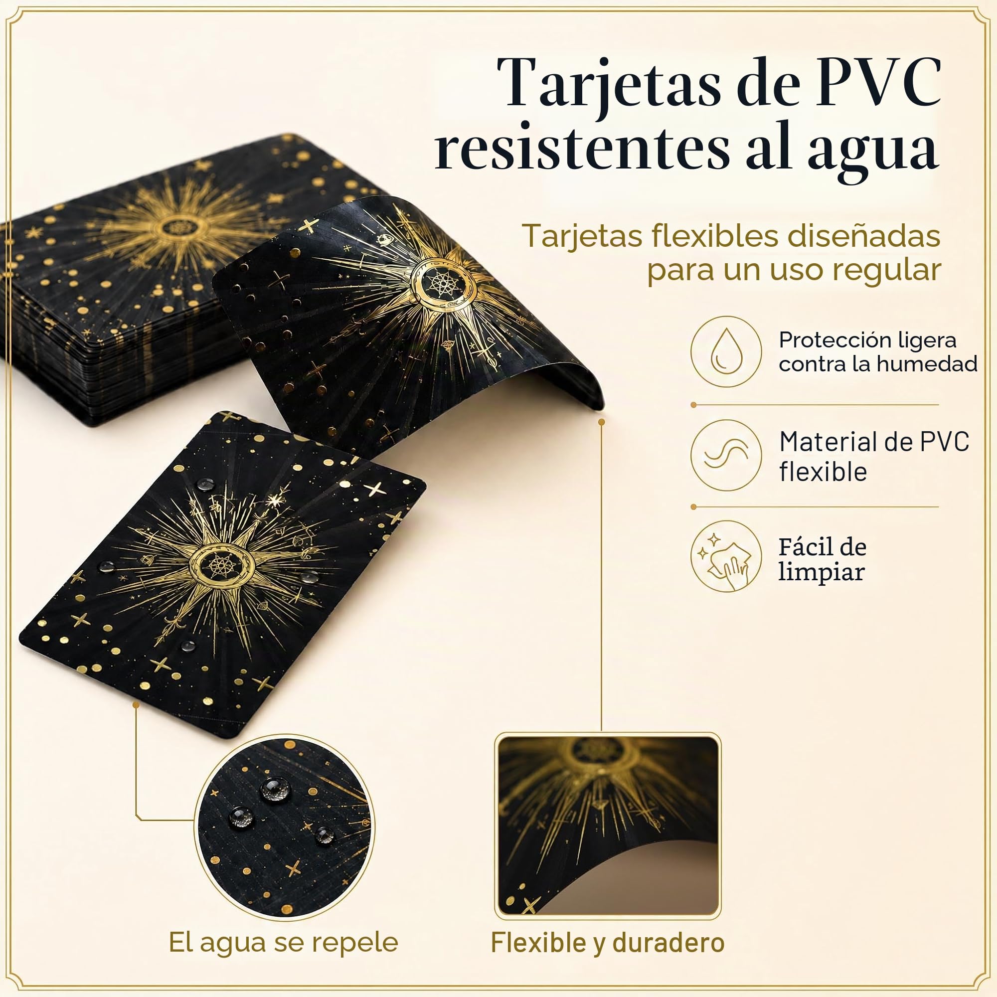 Baraja Tarot Negra y Dorada con Lámina Holográfica, 78 Cartas Rider Waite PVC Impermeables con Guía de 36 Páginas y Caja Magnética, Tarot en Inglés