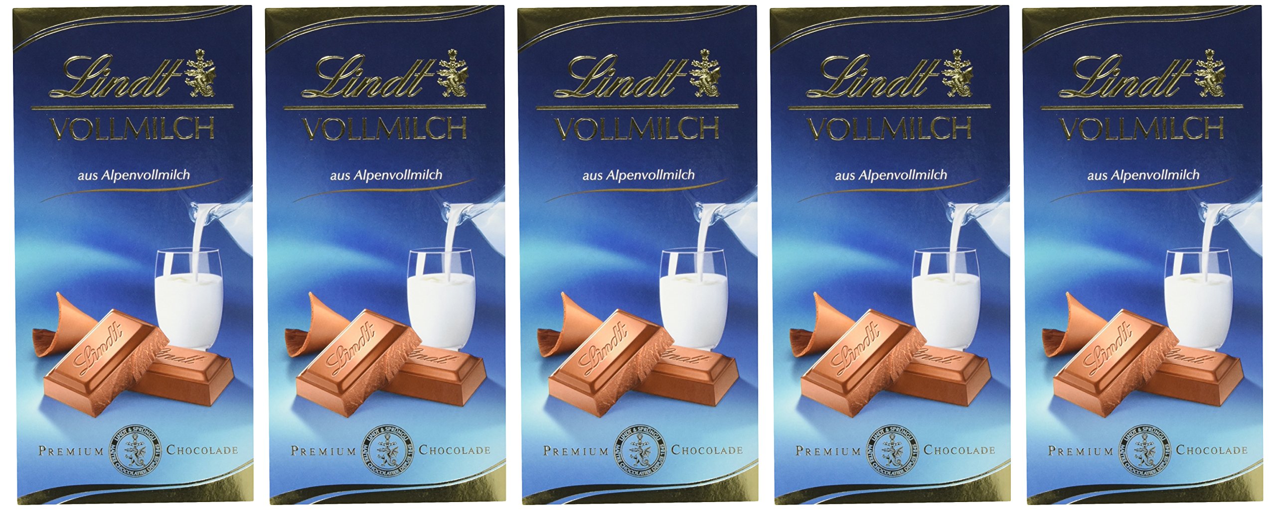 Lindt Vollmilch Tafel 100g, der Tafelklassiker aus zartschmelzender Alpenvollmilch-Schokolade, wiederverschließbare Verpackung, glutenfrei, 5er Pack (5 x 100 g)