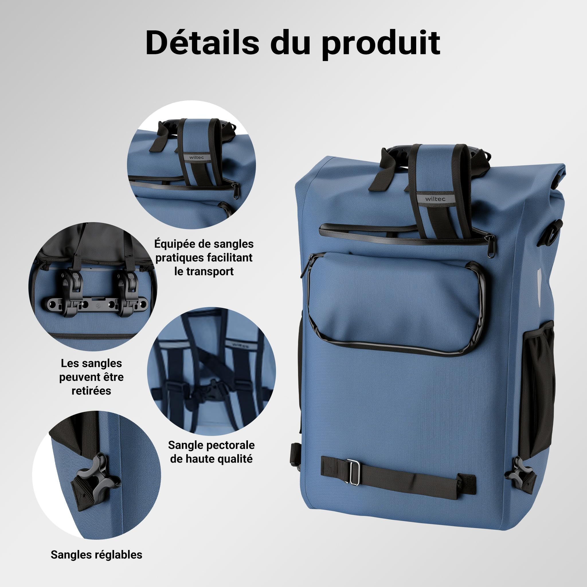Wiltec Sacoche sac à dos étanche pour porte-bagages bleue – capacité de 20 L – en 600D TPU – avec compartiment pour ordinateur portable – pour vélos et vélos électriques – Sac de bicyclette – Cyclisme