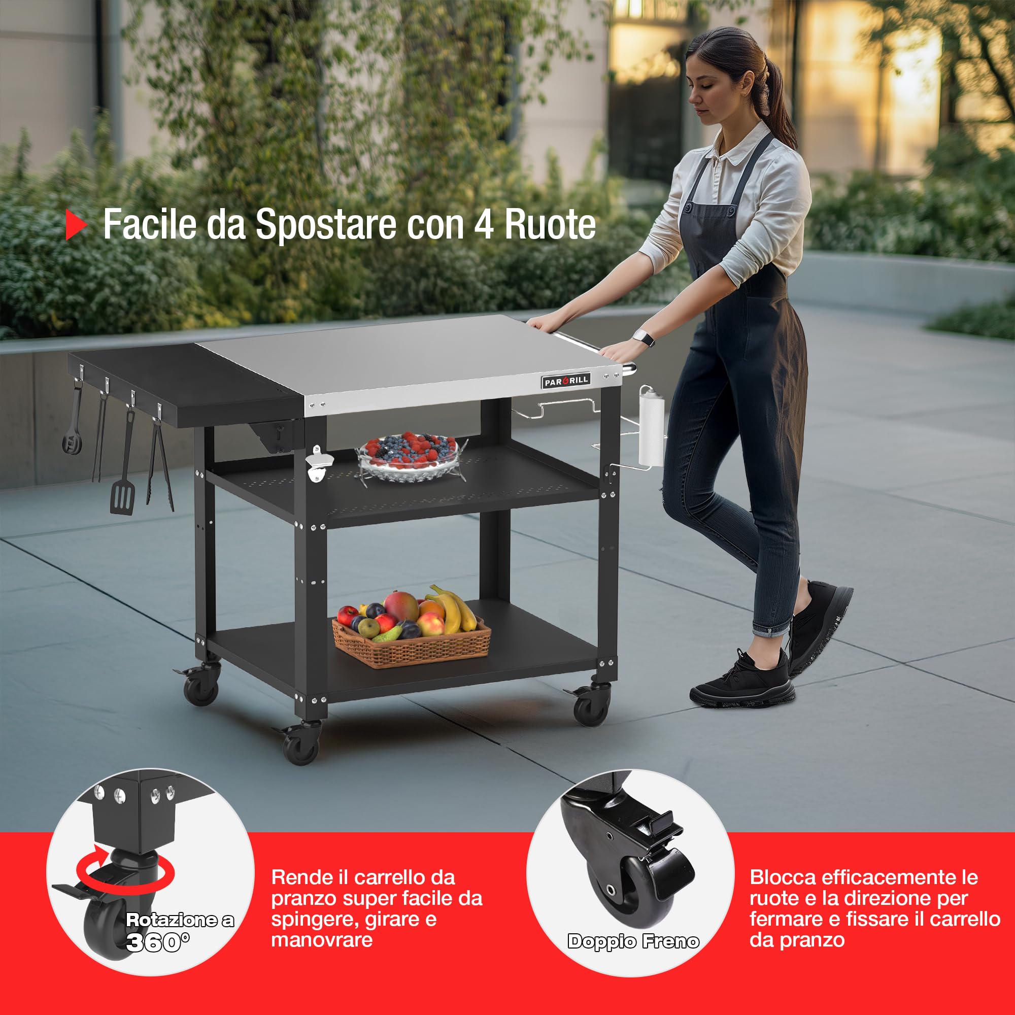 PARGRILL Carrello da Cucina a 3 Piani con Ruote, Carrello Multiuso Pieghevole con Tavolo Laterale, Ganci e Accessori, Carrello Portaoggetti da Cucina in Acciaio Inossidabile per Cucina, BBQ e Pizza | 4 ruote girevoli bloccabili, tavolo da barbecue mobile