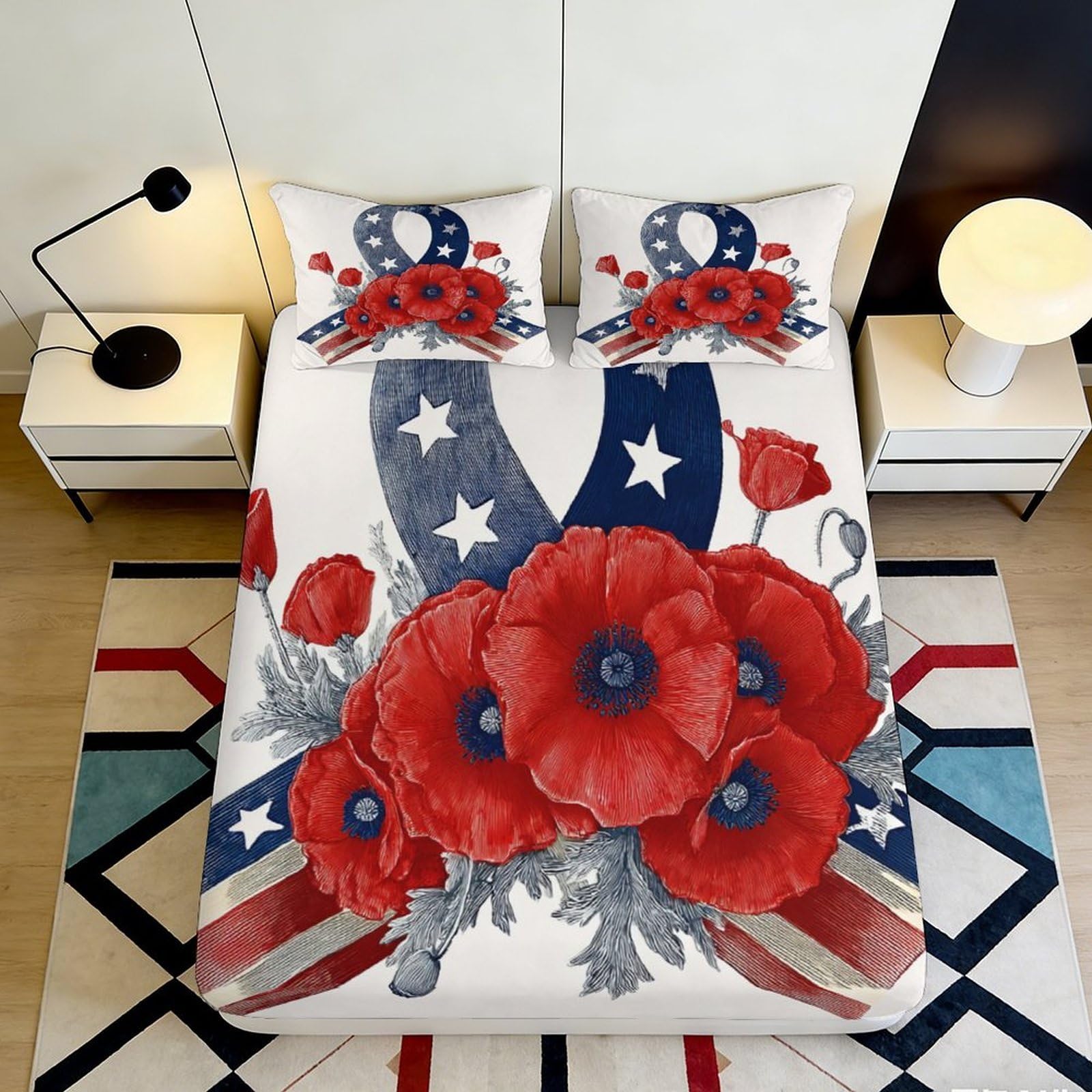 Dhbaneiok Style-6 3D Printed Red Poppy American Flag Fitted Sheet Microfiber Mattress Cover Bedroom Decor Anti-Slip Easy Care 90X200x25cm