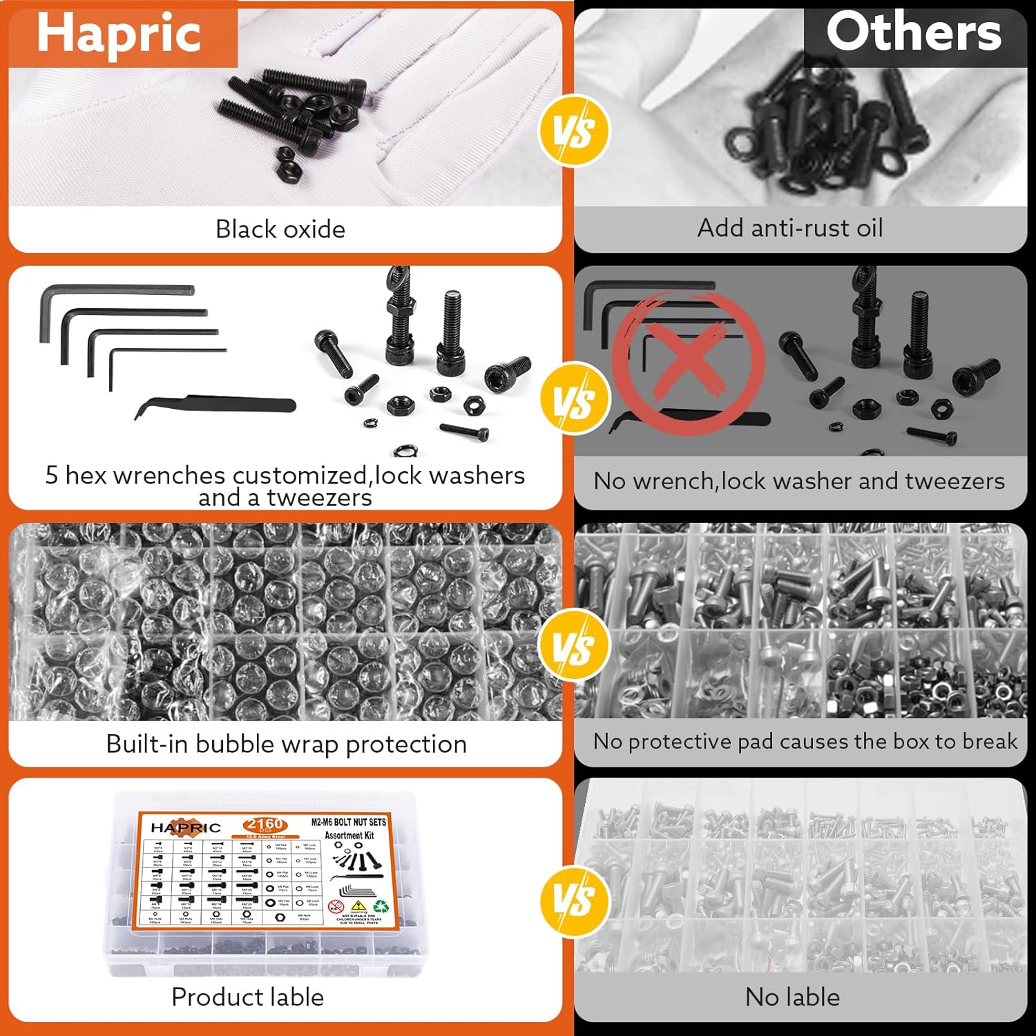 Hapric 2160 Pcs Metric Screw Assortment Metric Bolts M2 M3 M4 M5 M6 Nuts and Bolt Kit, 12.9 Alloy Steel Black Zinc Plated Hex Socket Head Screws Nuts Bolts and Washers Set