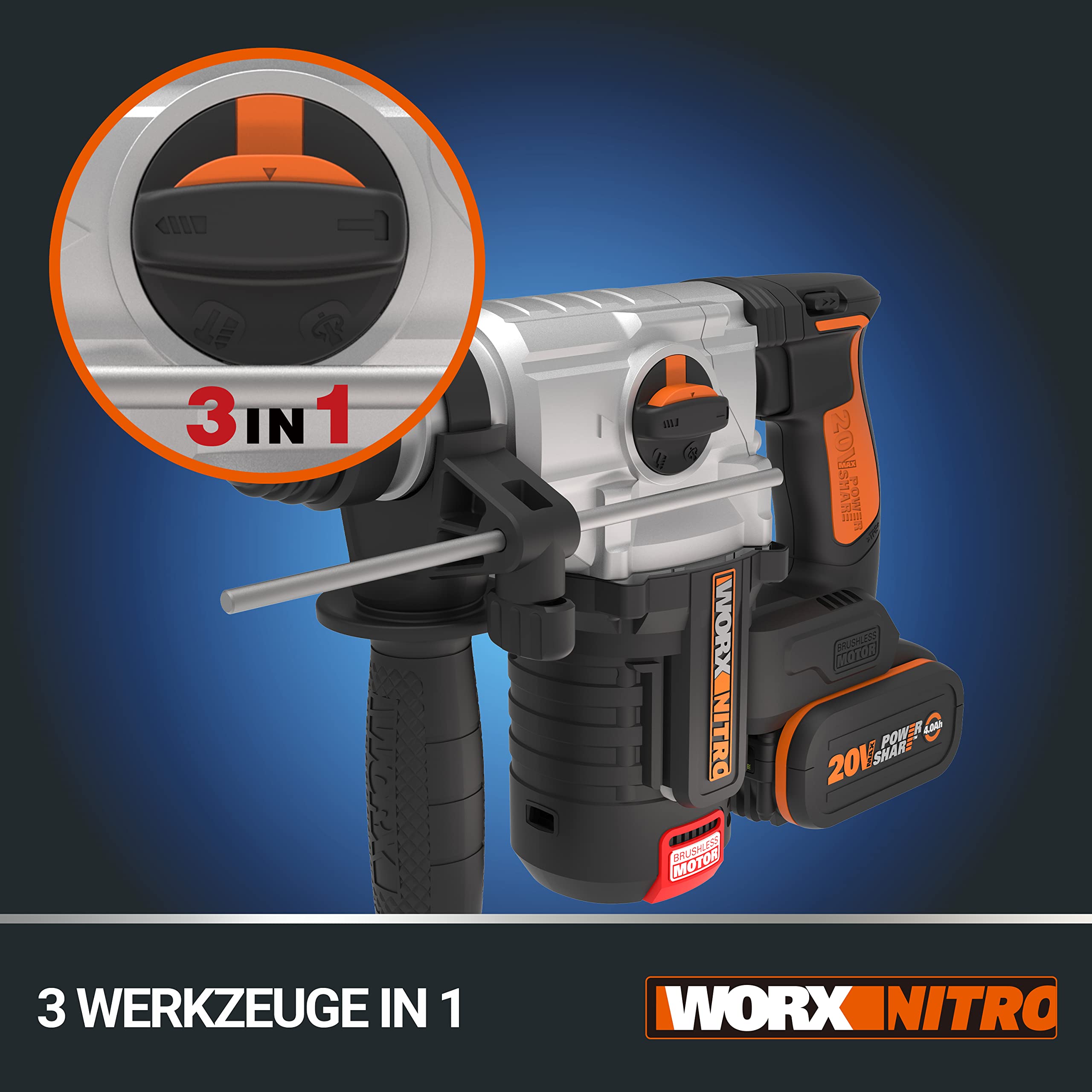 WORX NITRO WX380.9 Akku-Bohrhammer 20V - zum Bohren, Hammerbohren & Meißeln - bürstenloser Motor - stufenlose Drehzahleinstellung - verschiedene Stoff kompatibel - ohne Akku & Schnellladgerät