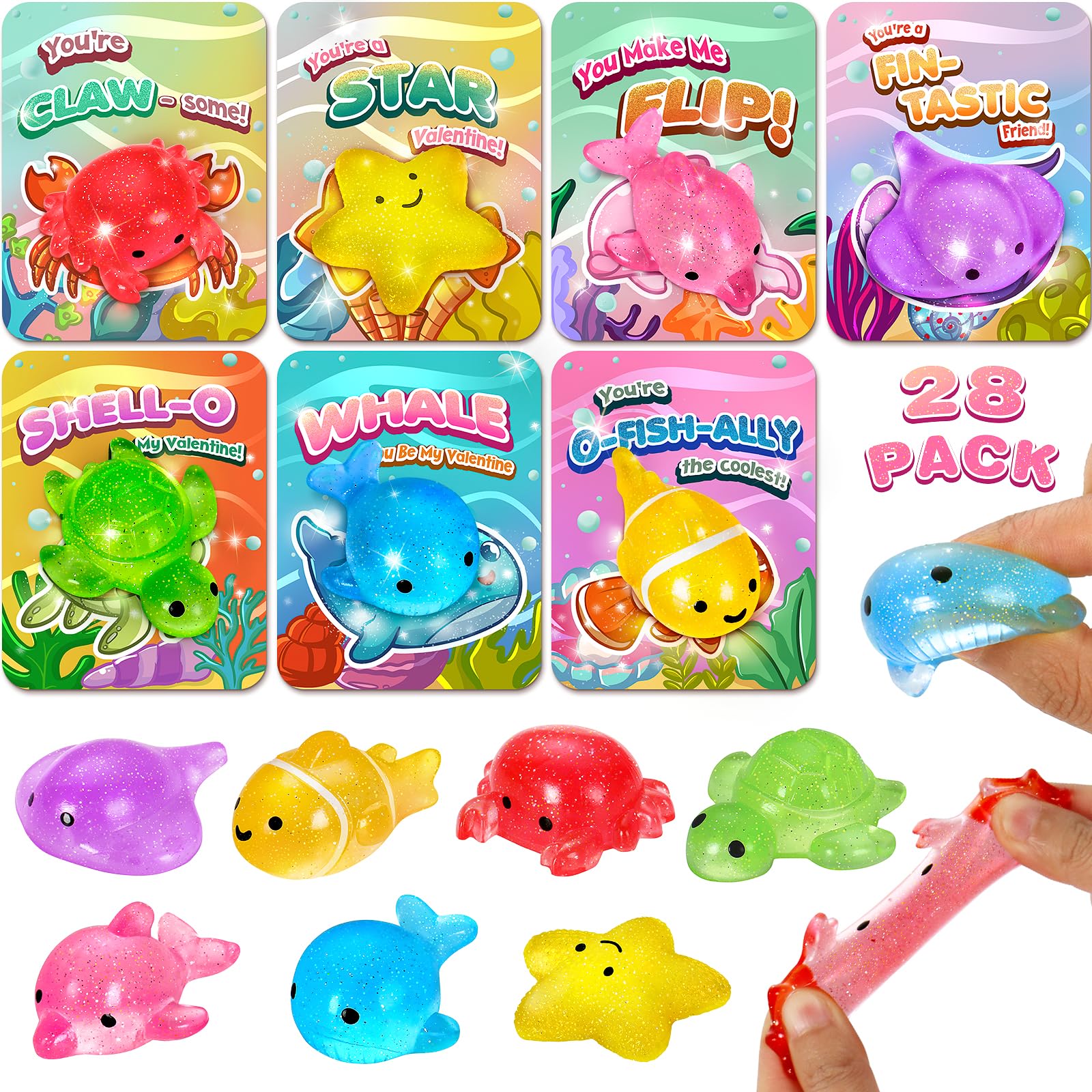 Class Valentines Day Gifts for Kids, 28 Pack Valentines Day Cards for Kids School with Sea Animal Stretch toy, Squeeze Toys for Valentines Gifts Exchange, Valentines Party Favors Prize for Boys Girls