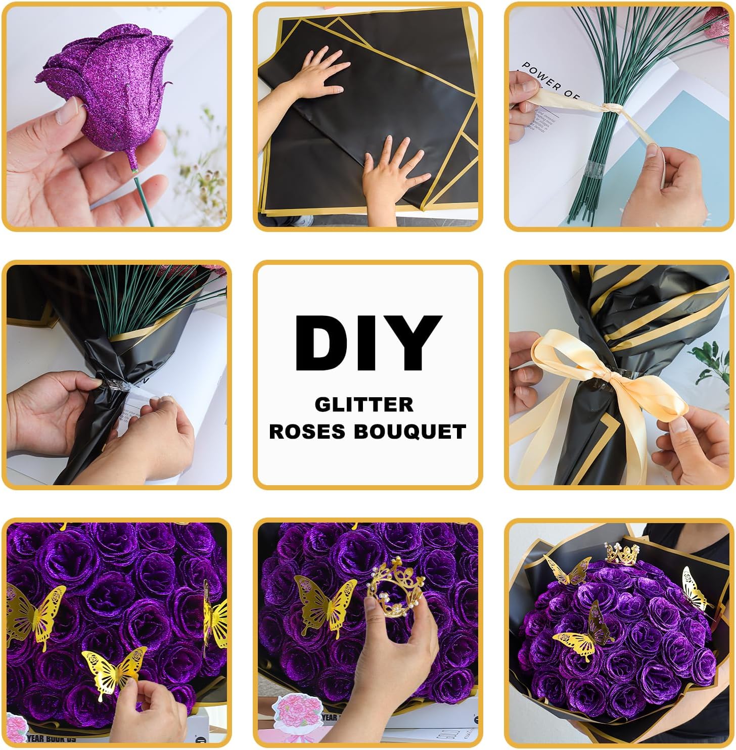 Purple Glitter Flower Roses Bouquet Kit - 24 Pack DIY Fake Shiny Rose with Stems Butterfly Crown Eternal Floral for Elegance Wedding Bouquet Anniversary Birthday, Valentine's Day, Mother's Day Gift - Image 3