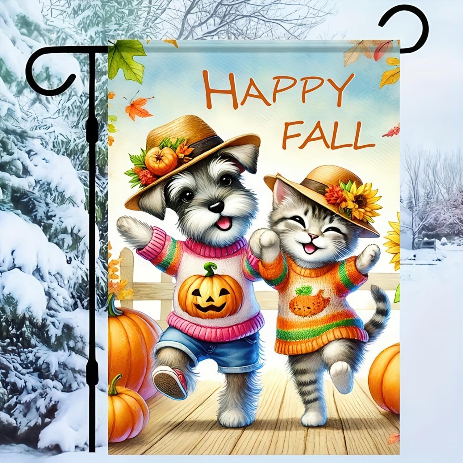 Happy Fall Dog and Cat Garden Flag 12x18 Inch Double Sided Fall Yard Banner with Pumpkin and Sweater Design for Thanksgiving Porch Patio Lawn Outdoor Decoration - Image 3