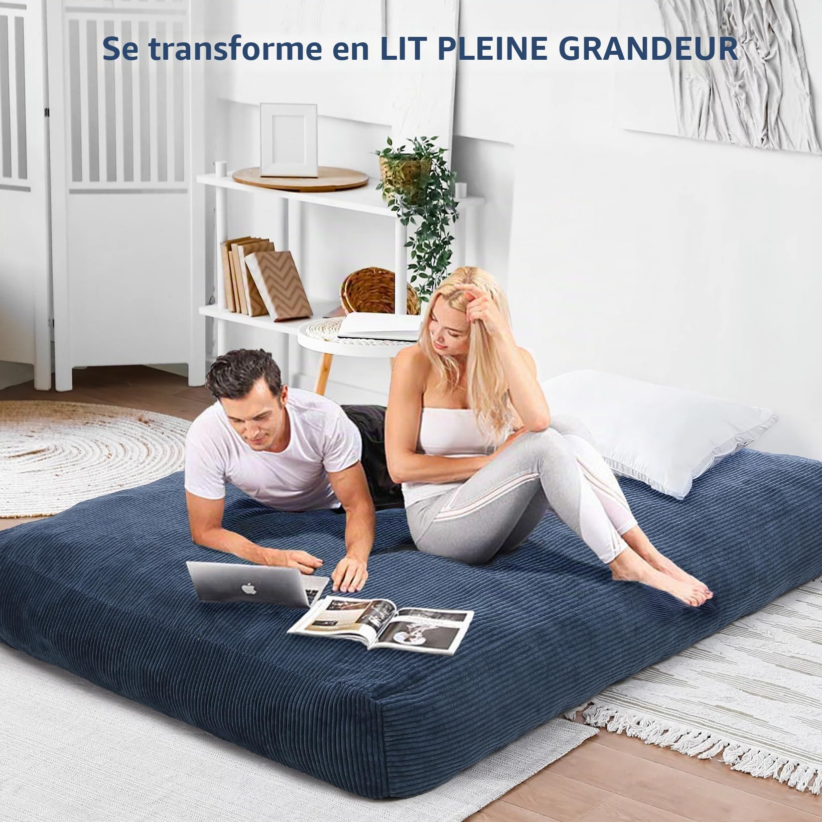 Géant Pouf Lit Convertible en Velours Côtelé,2 in 1 Canapé Paresseux Convertible lit,Rembourrage Mousse,Canapé lit Convertible/Chauffeuse 1 Place pour Salon/Chambre(190x135x25cm,Bleu)