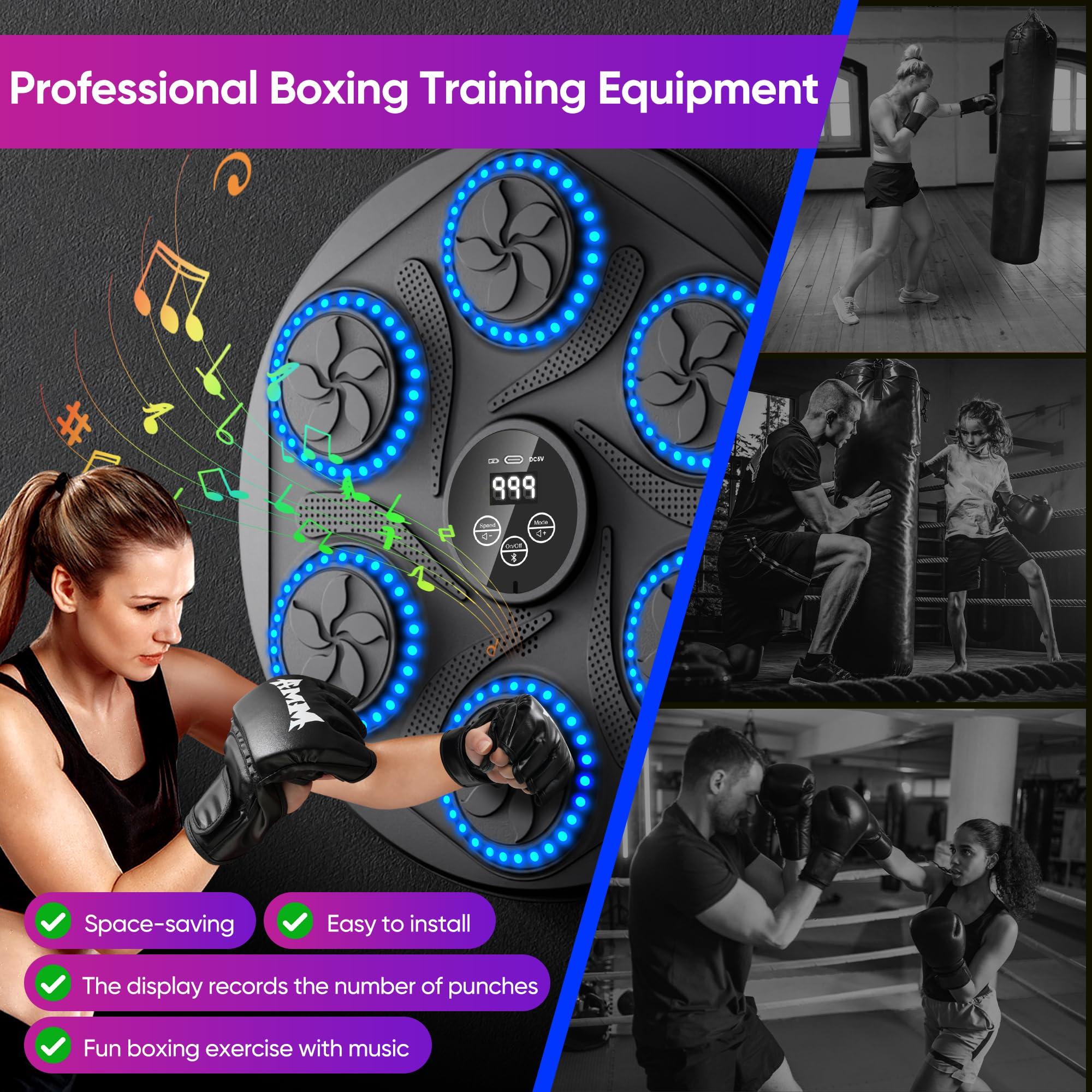 Music Boxing Machine Adulti: - 12 modalità di velocità Macchina da BOXEN Musical Pugile con Guanti da Boxe - LED Musica Bluetooth Boxe Allenamento per Casa