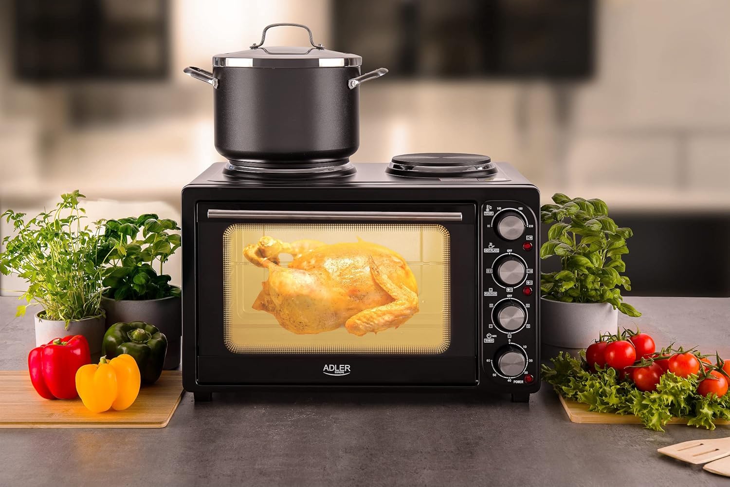 JUNG ADLER AD6020 - Mini forno da 36 l, con 2 piastre elettriche, 4600 W, con ricircolo daria, timer 60 minuti, 5 modalità di riscaldamento, inclusa griglia, spiedo girevole, teglia da forno [Classe di efficienza energetica A]