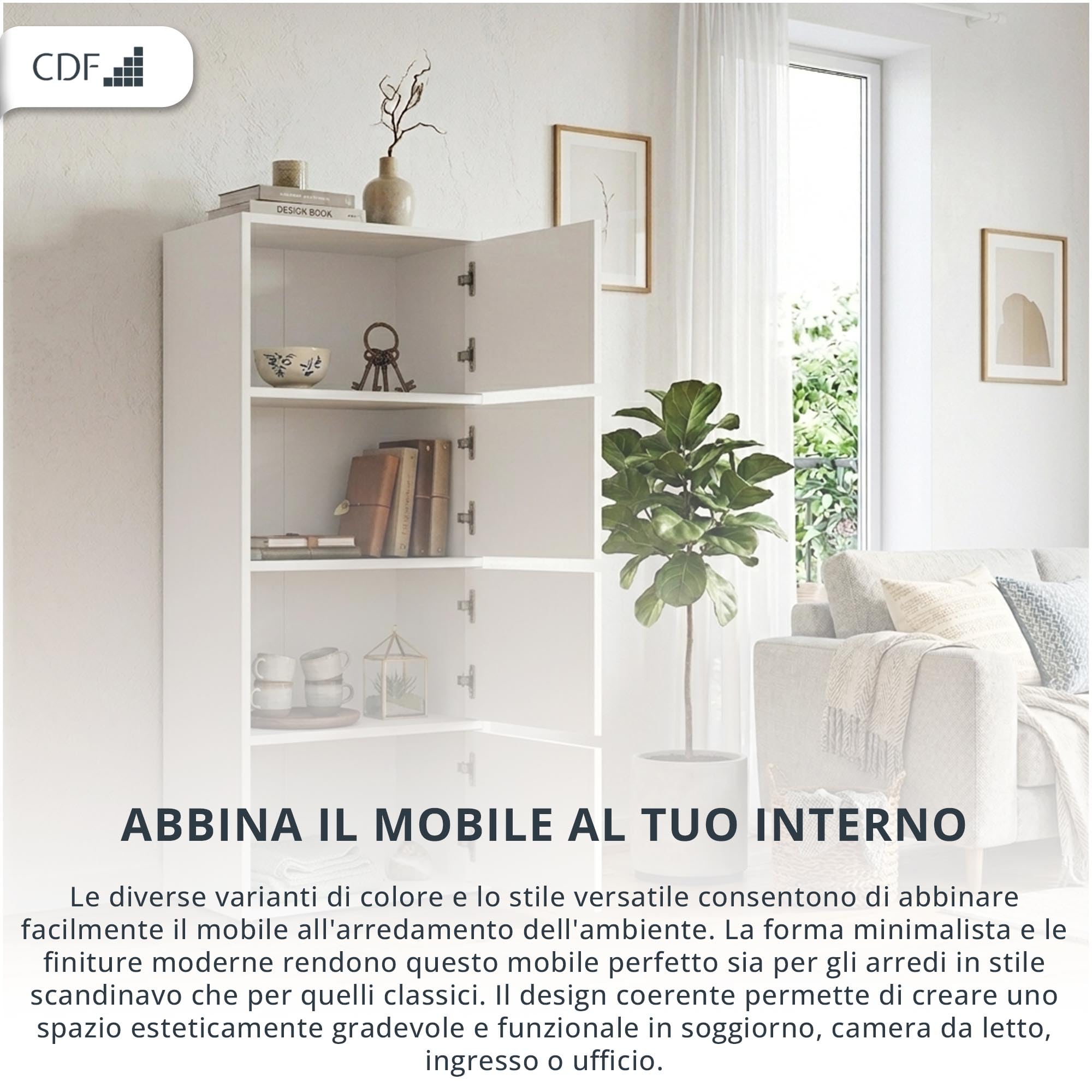 CDF Credenza Alta Armadio 4 Ante 50cm Ripiani Soggiorno Camera Corridoio Ingresso Ufficio Colonna Cassettiera Scaffale Multiuso Salvaspazio Mobile Stretto Dispensa Cucina Salotto Senza Maniglie Bianco