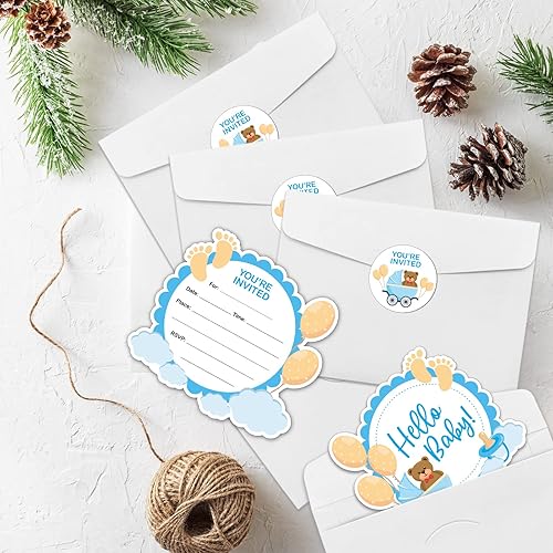 Miniatura 6 de Invitaciones de oso de peluche para baby shower con sobres y calcomanías (juego de 15) invitaciones de relleno en forma de globo de oso azul Hello