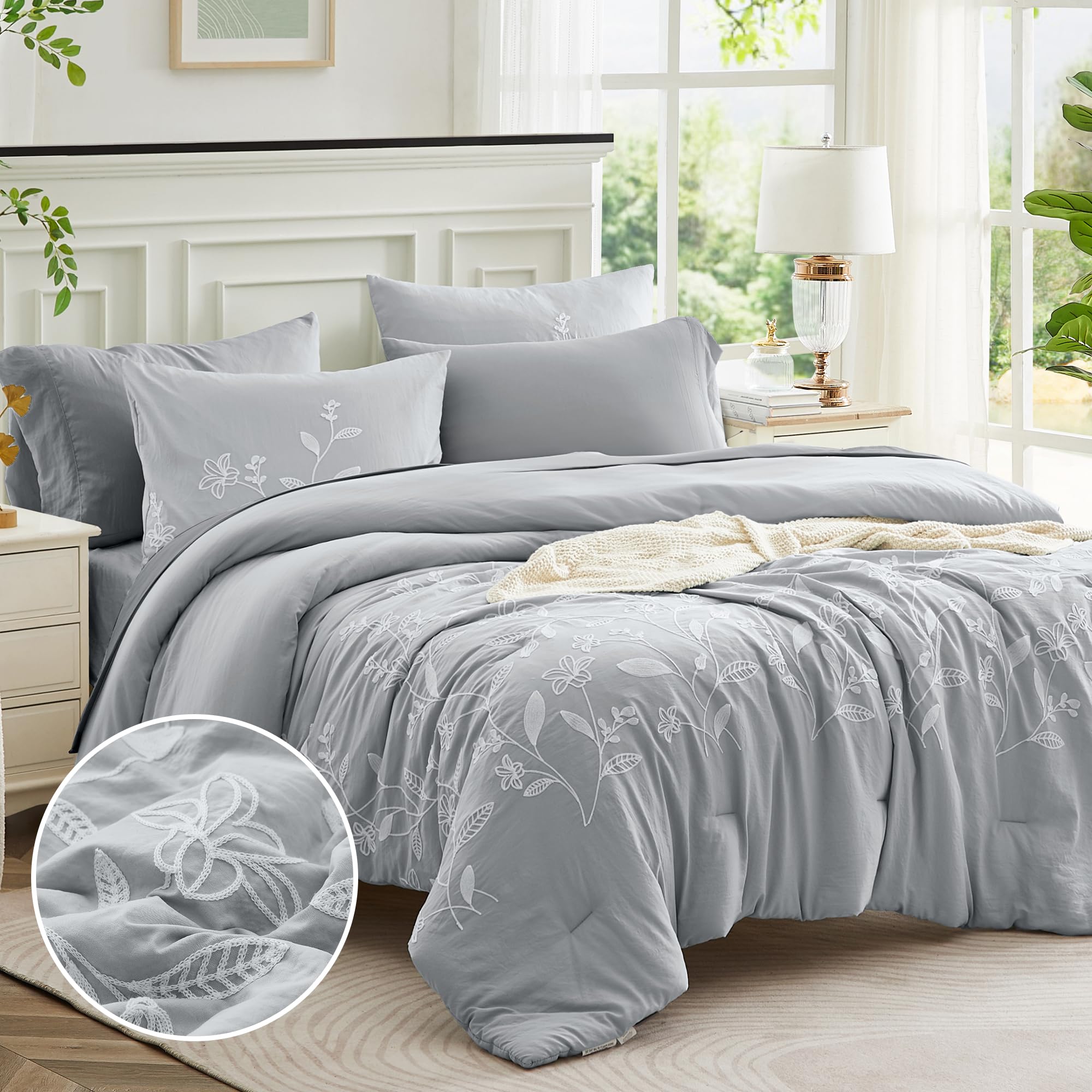 MAIREVE Embroidery Comforters Set Queen Size - 7 Pieces, Light Grey Floral Bedding All Season Bed in A Bag, Gray Farmhouse Comforter Set with Sheets, Pillowcases & Shams