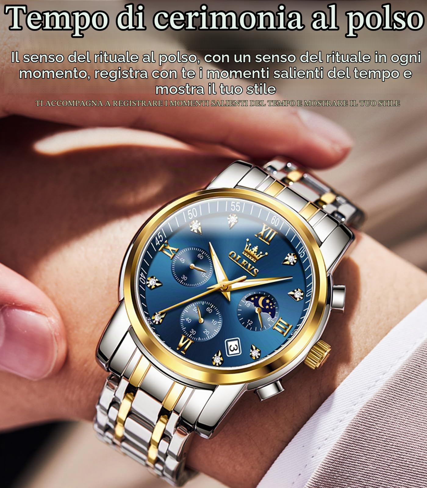 OLEVS Male Wrist Watches, Analog Quartz Business Stainless Steel Waterproof Luminous Watches Luxury Casual Big Diamond Dial Date Multi-Function Chronograph Watches for Man…