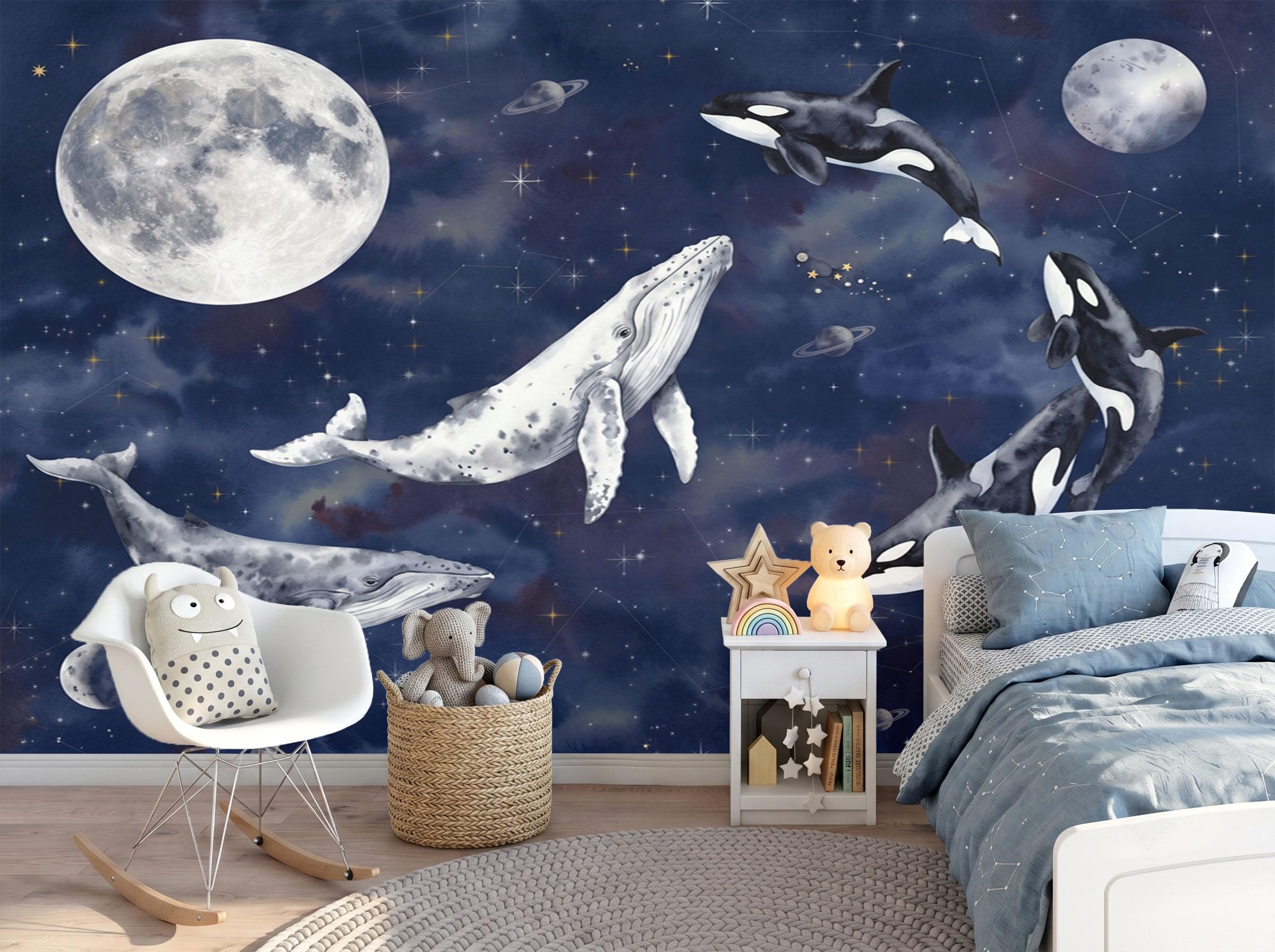 Papier peint baleine bleue pour agrandir un salon et masquer les défauts
