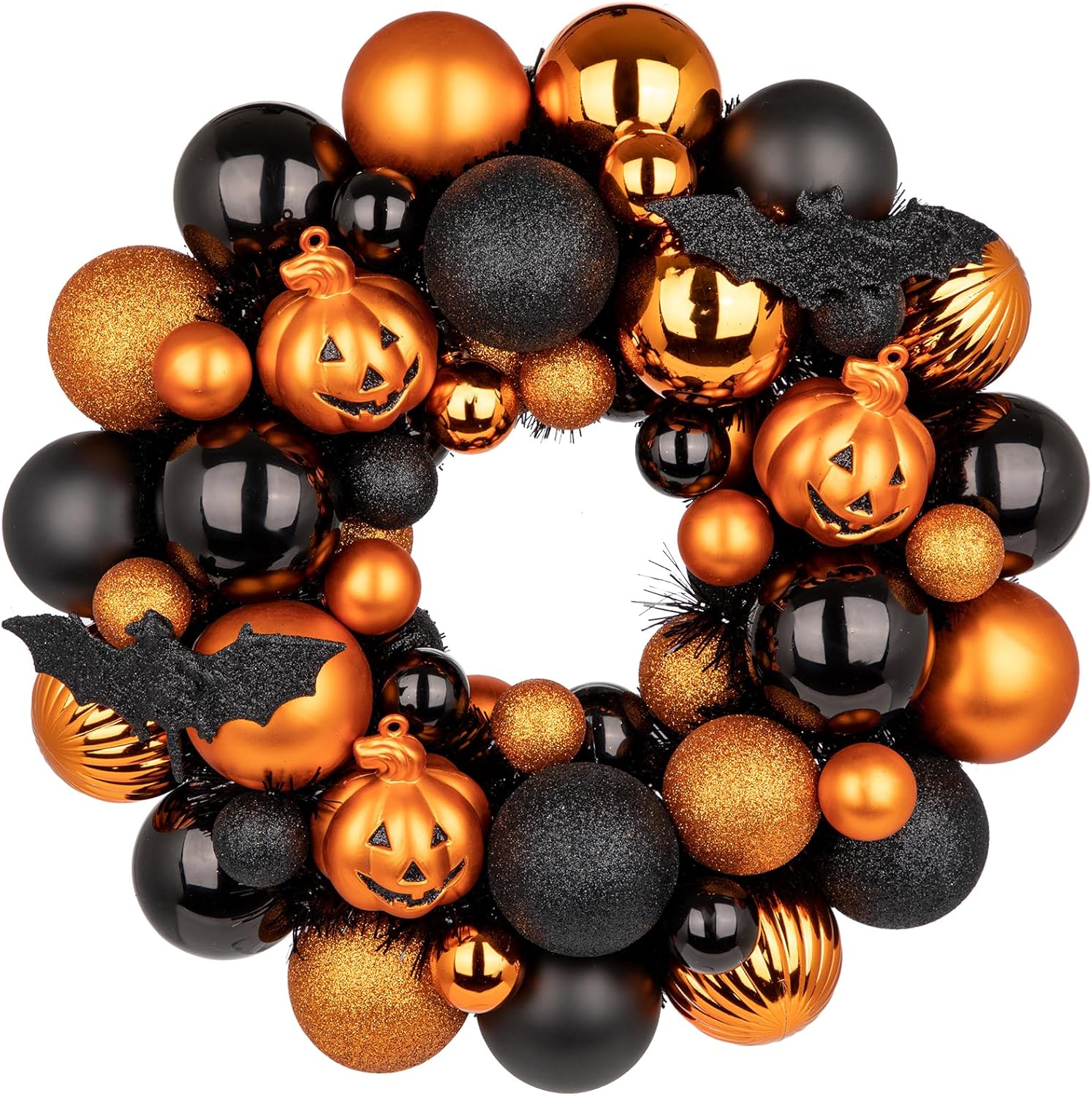 Halloween Wreath for Front Door, 13 inch Small Halloween Ball Wreath with Pumpkins Bats Shatterproof Front Door Wreaths Orange/Black Ball Ornament for Wall Mantel Porch Indoor Outdoor Decor Orange&black