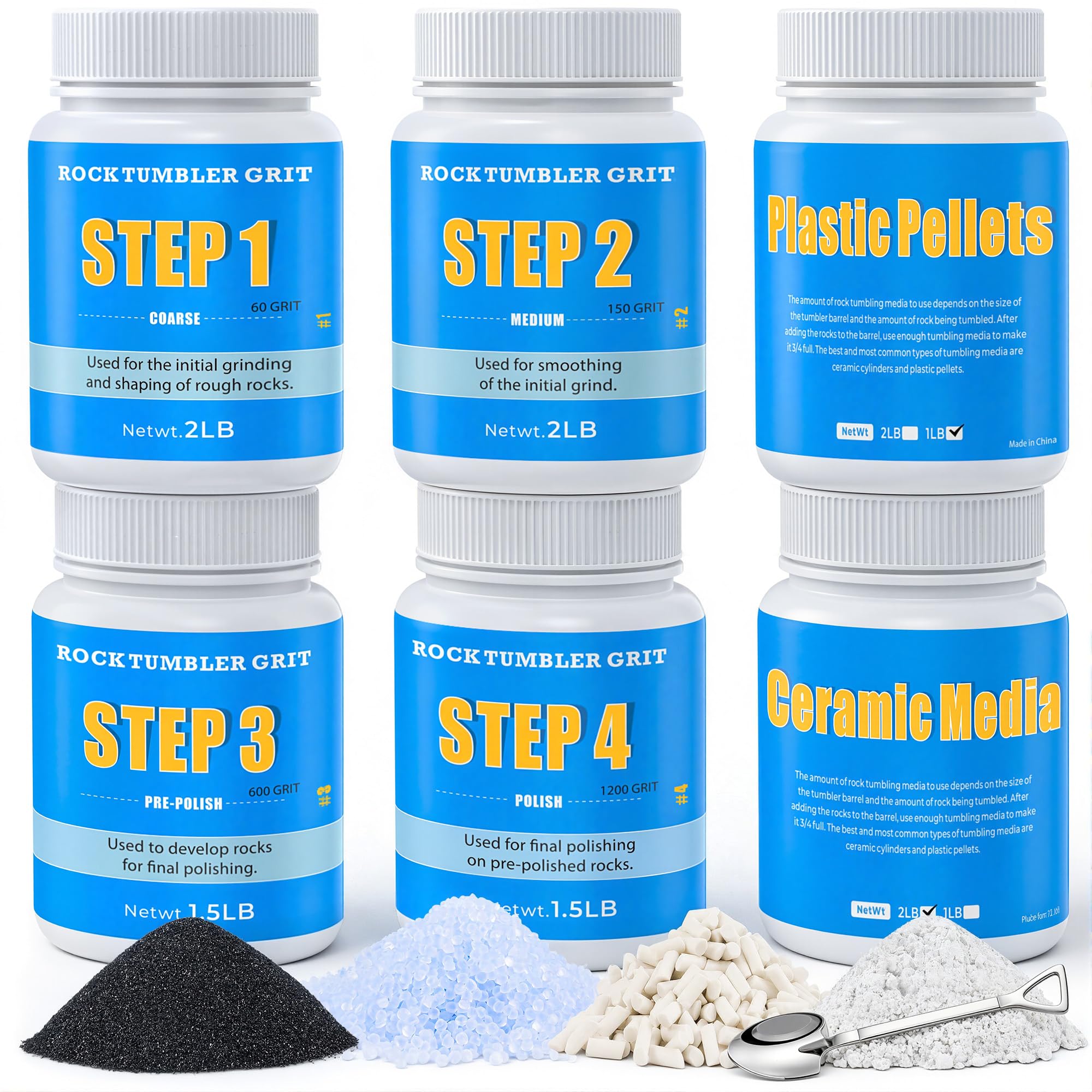 Rock Tumbler Grit Kit - 10LB Rock Polishing Grit &amp; Ceramic Tumbling Media, 4-Step Polish Refill with Plastic Pellets, Polish Up to 70 lbs of Rocks, Compatible with All Rock Tumblers &amp; Polishers