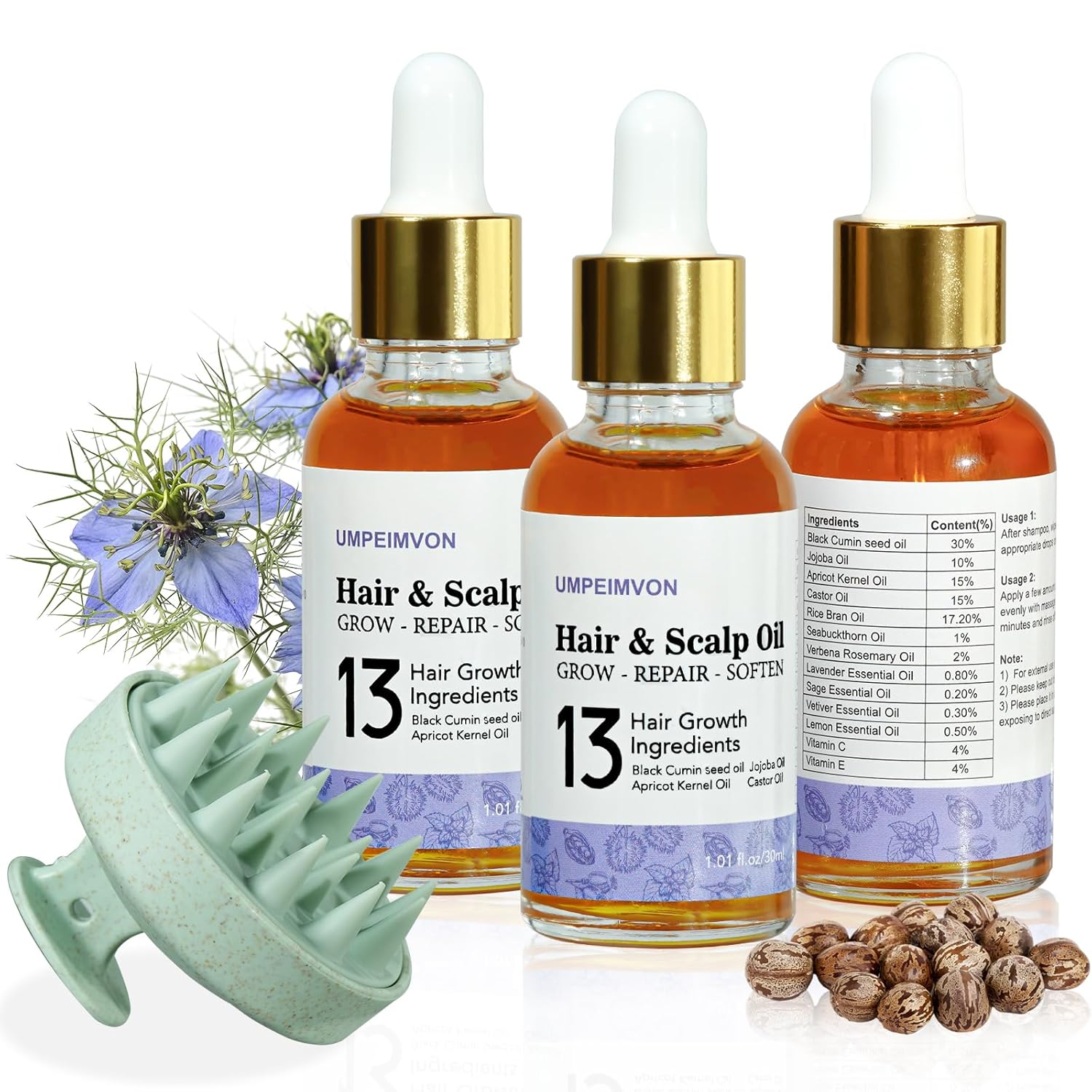 3 Pack Hair Oil for Frizzy & Dry Hair, Travel Size, 15% Castor & Rosemary Oil Infused, Organic Black Seed Oil Repair & Strengthen, Herbal Scent