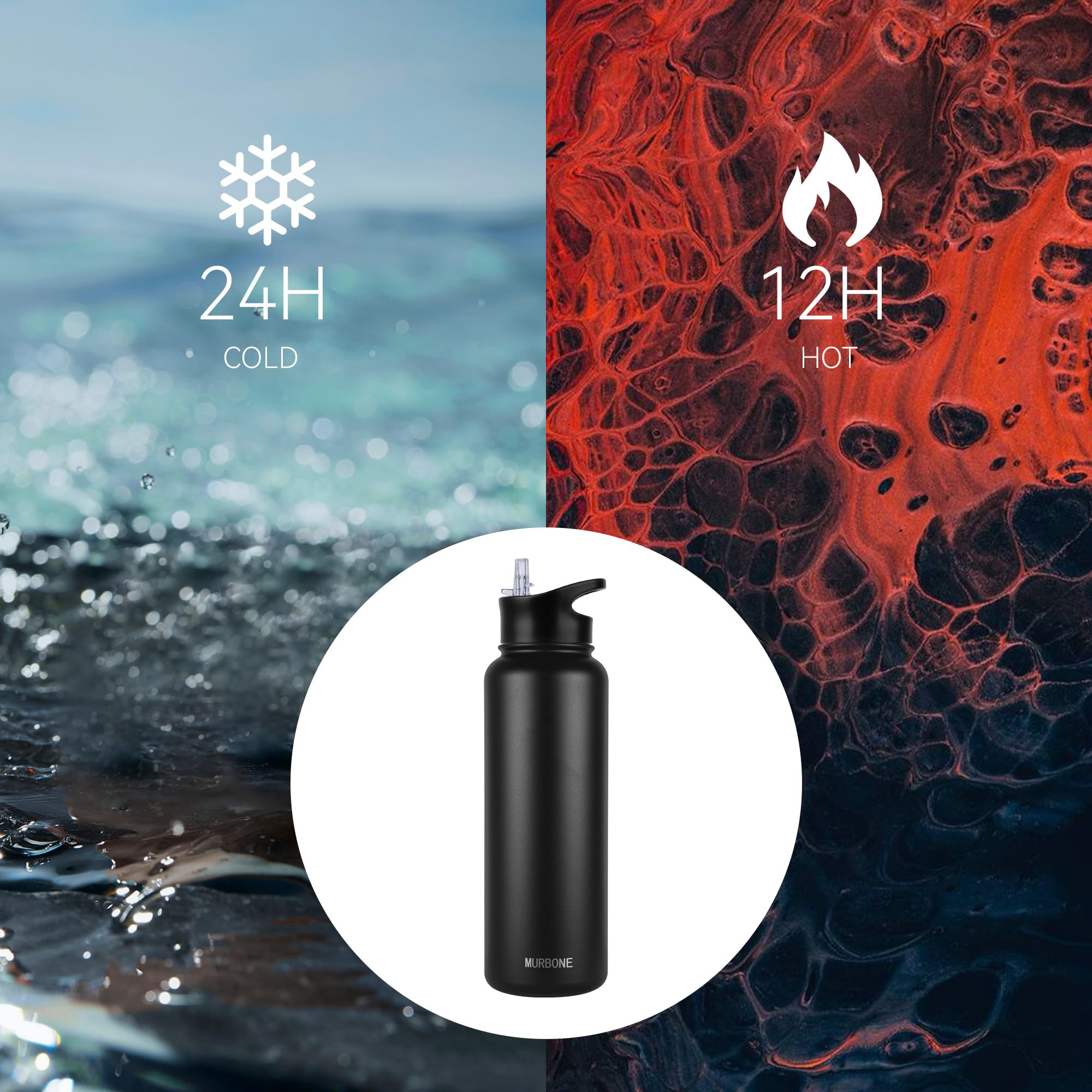 MURBONE Insulated Water Bottle, 1.2L Stainless Steel Drink Flask with Straw, BPA Free, 2 Lids (Straw Lid and Spout Lid) - Image 2