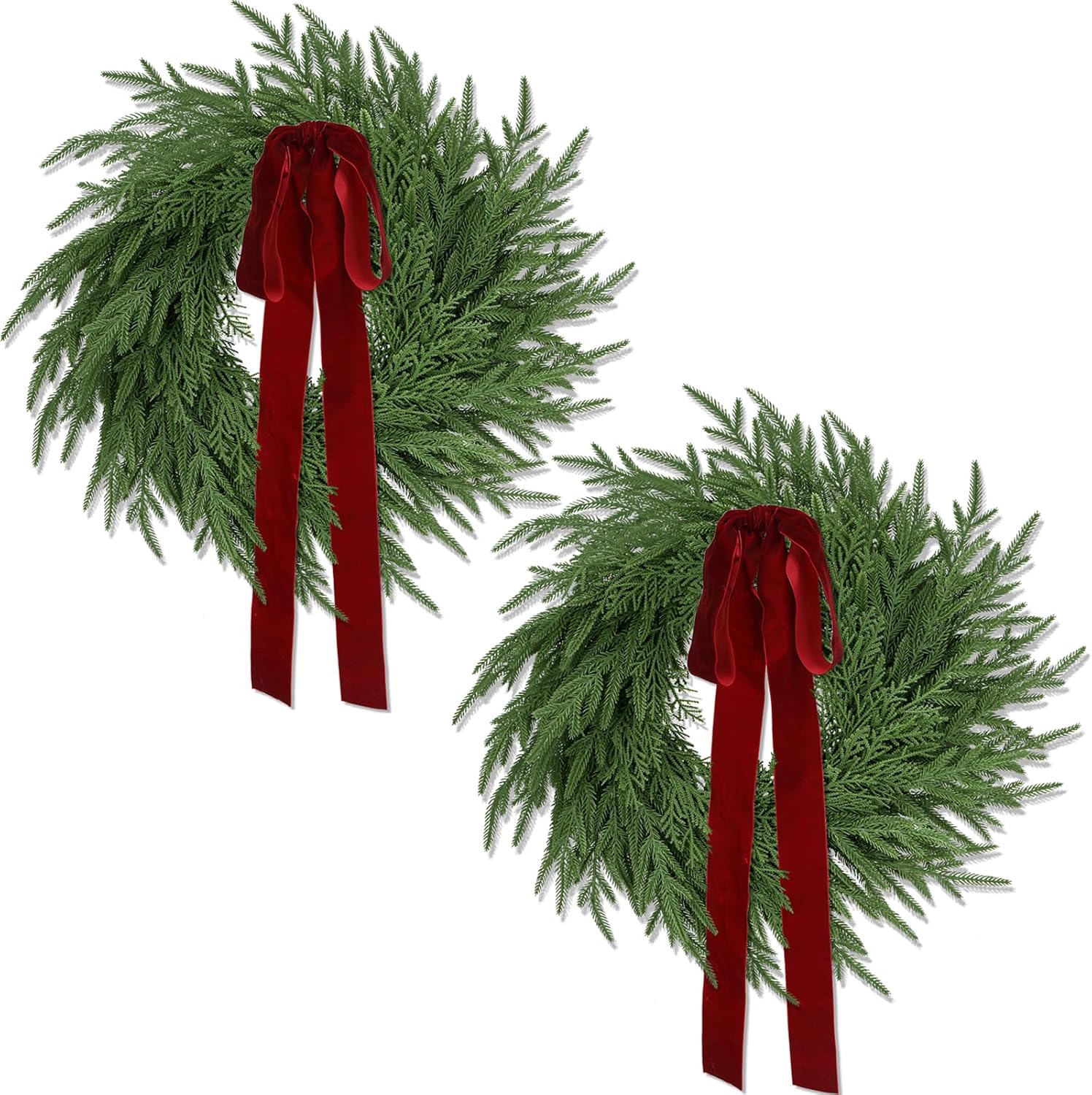 2 Pack Christmas Wreath for Front Door, Artificial Pine Cedar Holiday Wreath with Red Bow, Winter Greenery Wreath for Indoor Outdoor Home Decoration